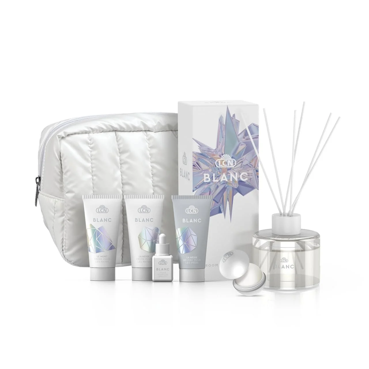 Набір LCN Deluxe "Blanc" 7 предметів - Аромат для кімнати, Бальзам для губ, 2x Крем для рук, Крем для ніг, Олія для нігтів і Косметичка, фото №1