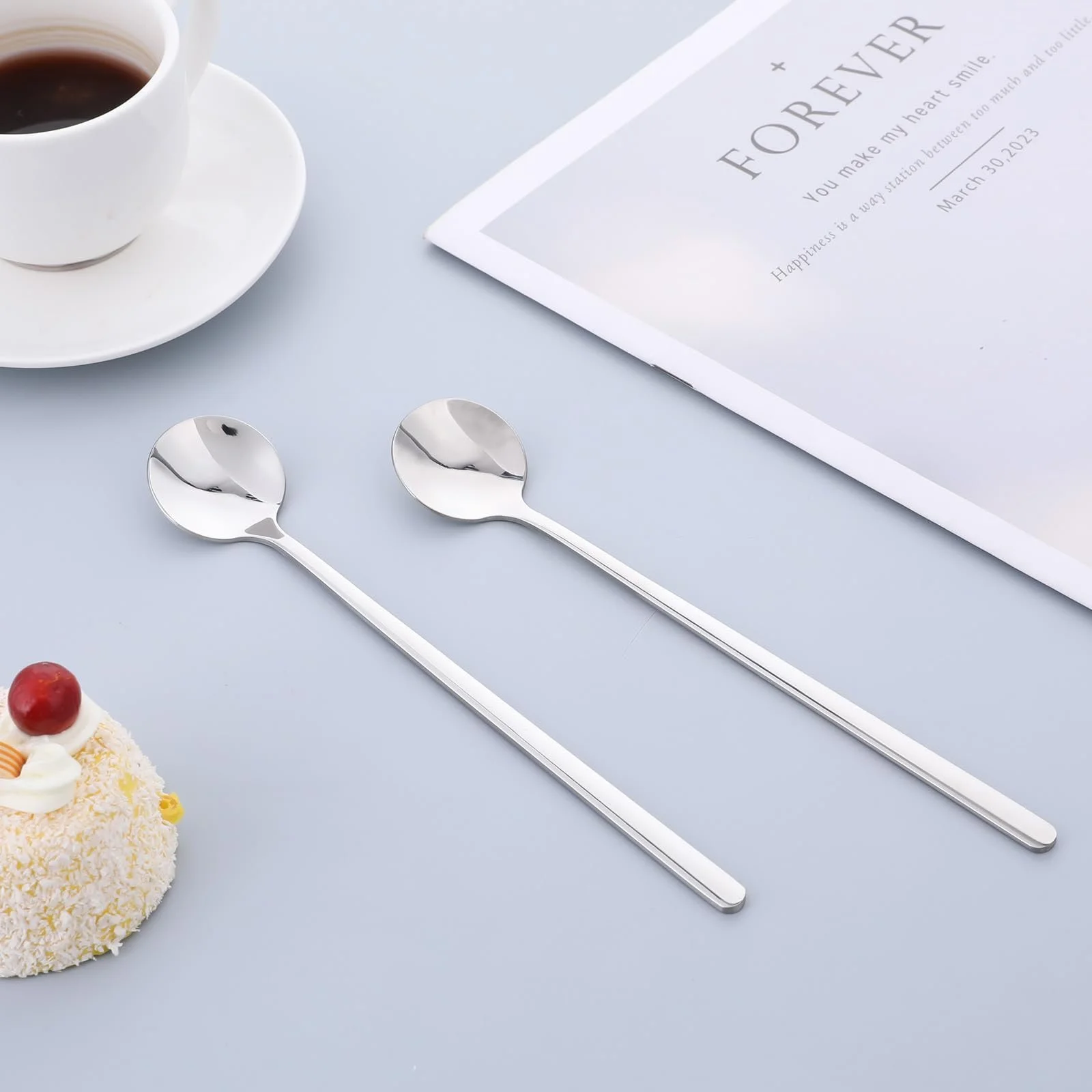 Ложки чайні з нержавіючої сталі, набір 4 штуки, 17 см, Latte Macchiato, срібні, з довгою ручкою, для кави, морозива, еспресо, десертів, фото №2