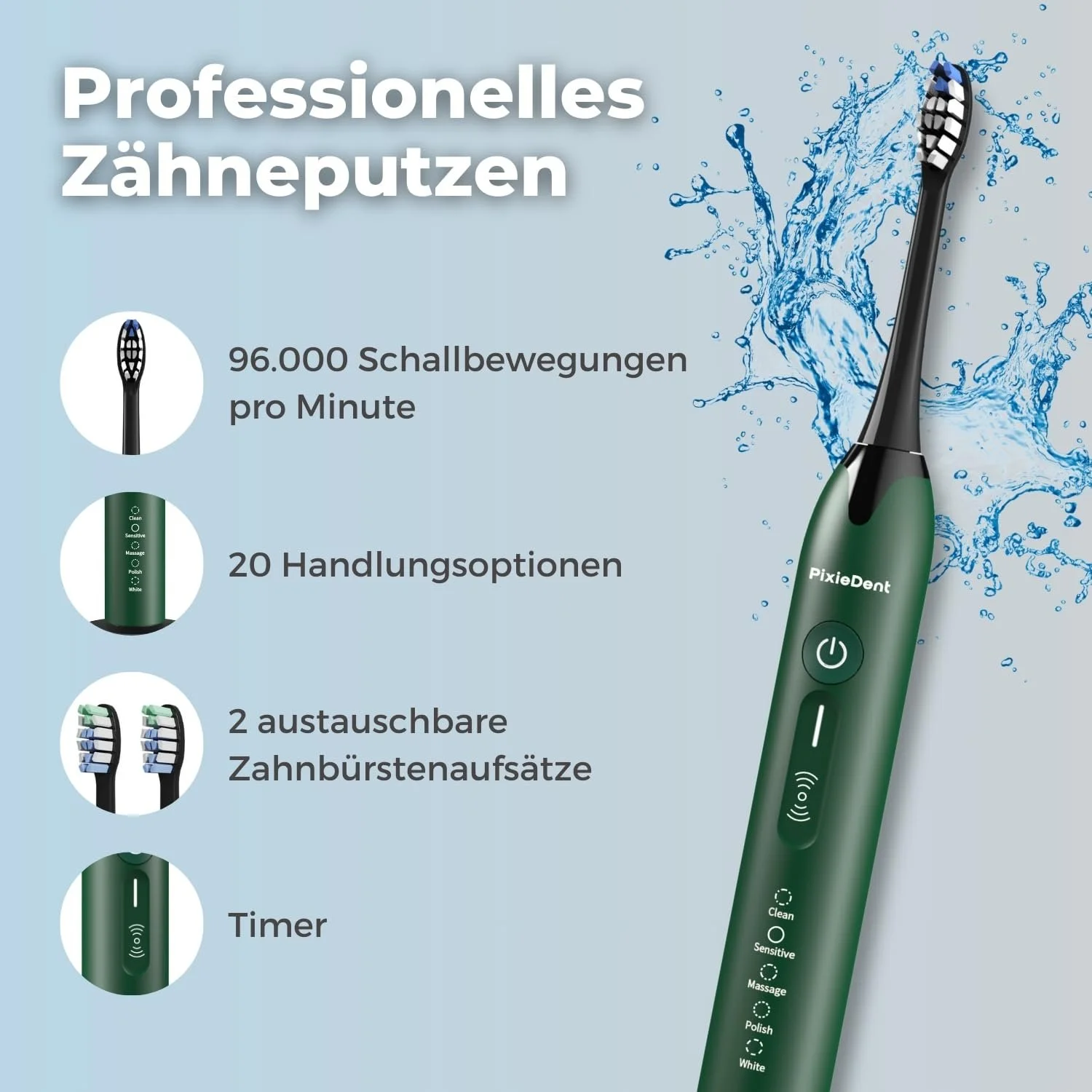 Электрическая звуковая зубная щетка PixieDent Onyx White 5 режимов 4 уровня мощности 96000 движений дорожный чехол, фото №2