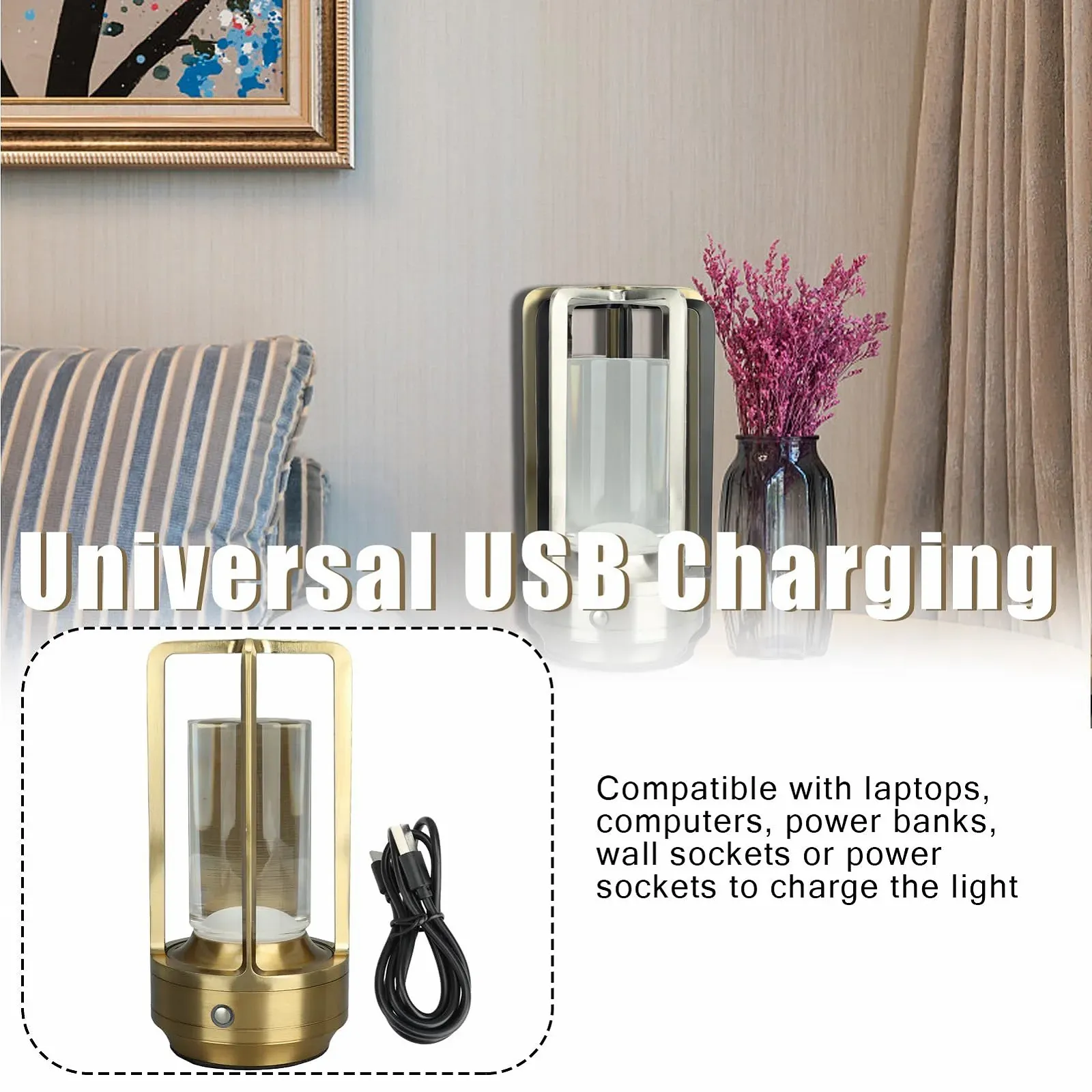 Настільна лампа металева бездротова 3 кольори димована LED акумуляторна сенсорна Золота, фото №8