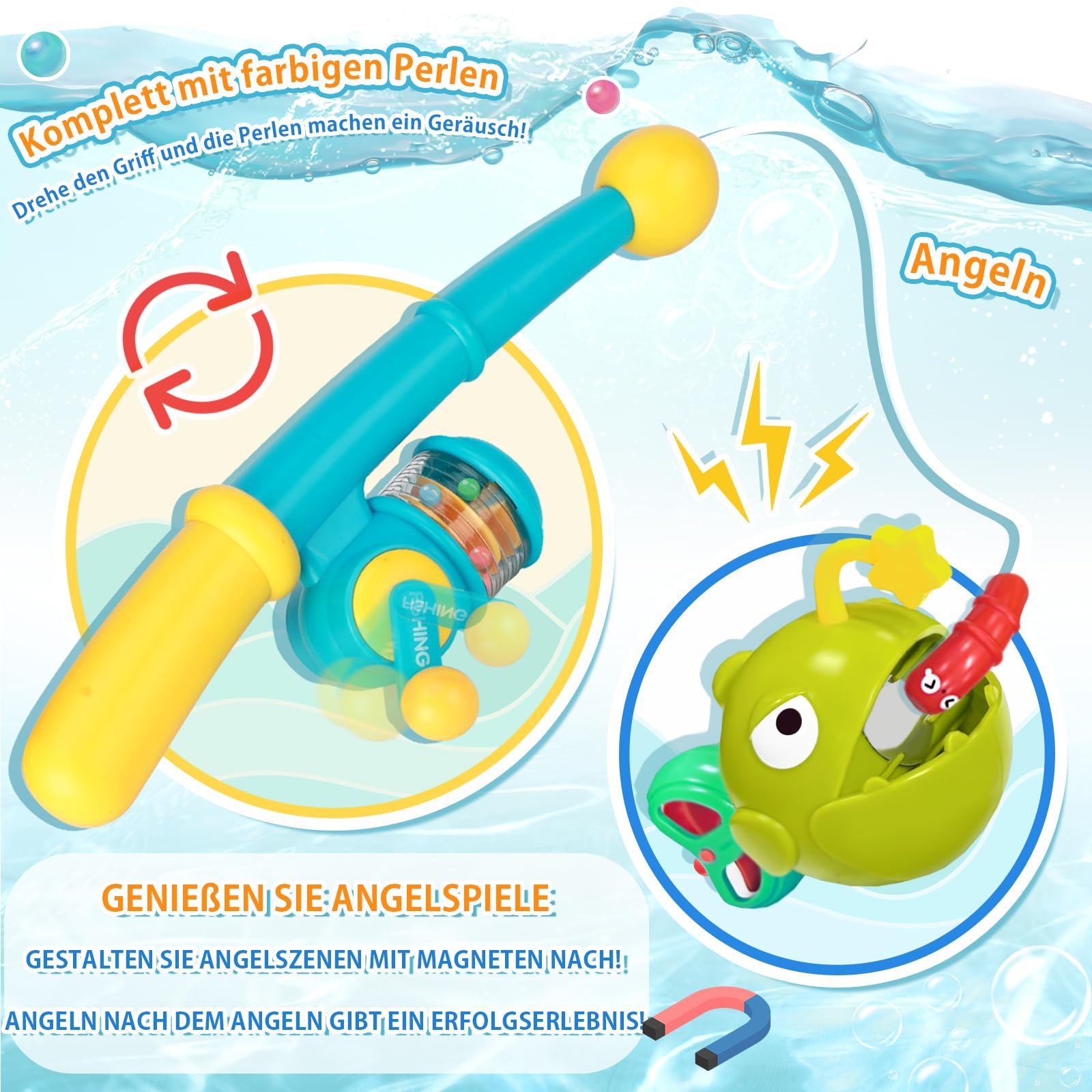 Іграшка для ванни Риболовля з вудками, водними пістолетами, сачком, магнітною рибою, фото №3