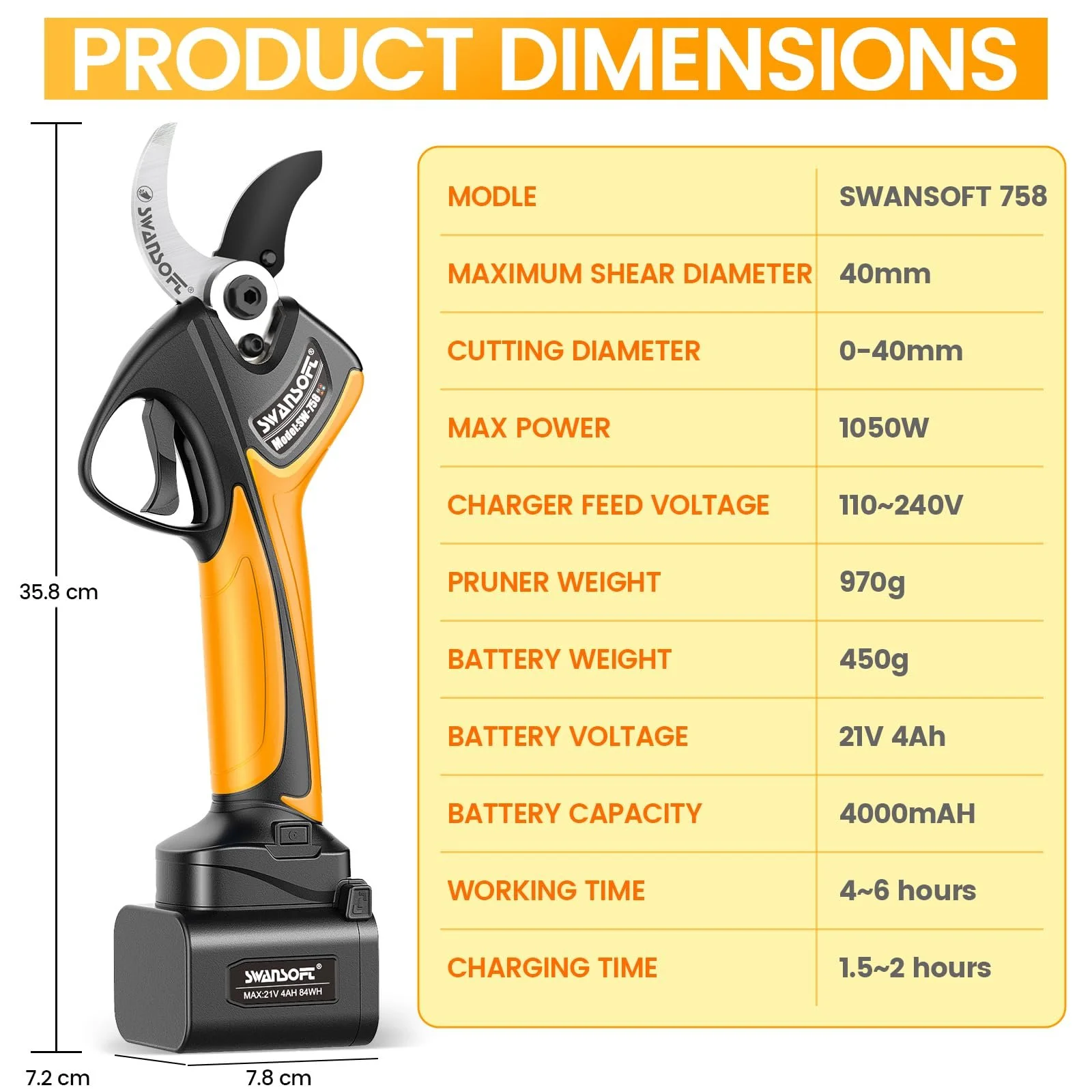 Секатор акумуляторний SWANSOFT 40 мм 21 В 1050 Вт з 2 акумуляторами 4 А·год, безщітковим двигуном, РК-дисплеєм і подовжувальним кабелем 1,2 м, жовтий, фото №7