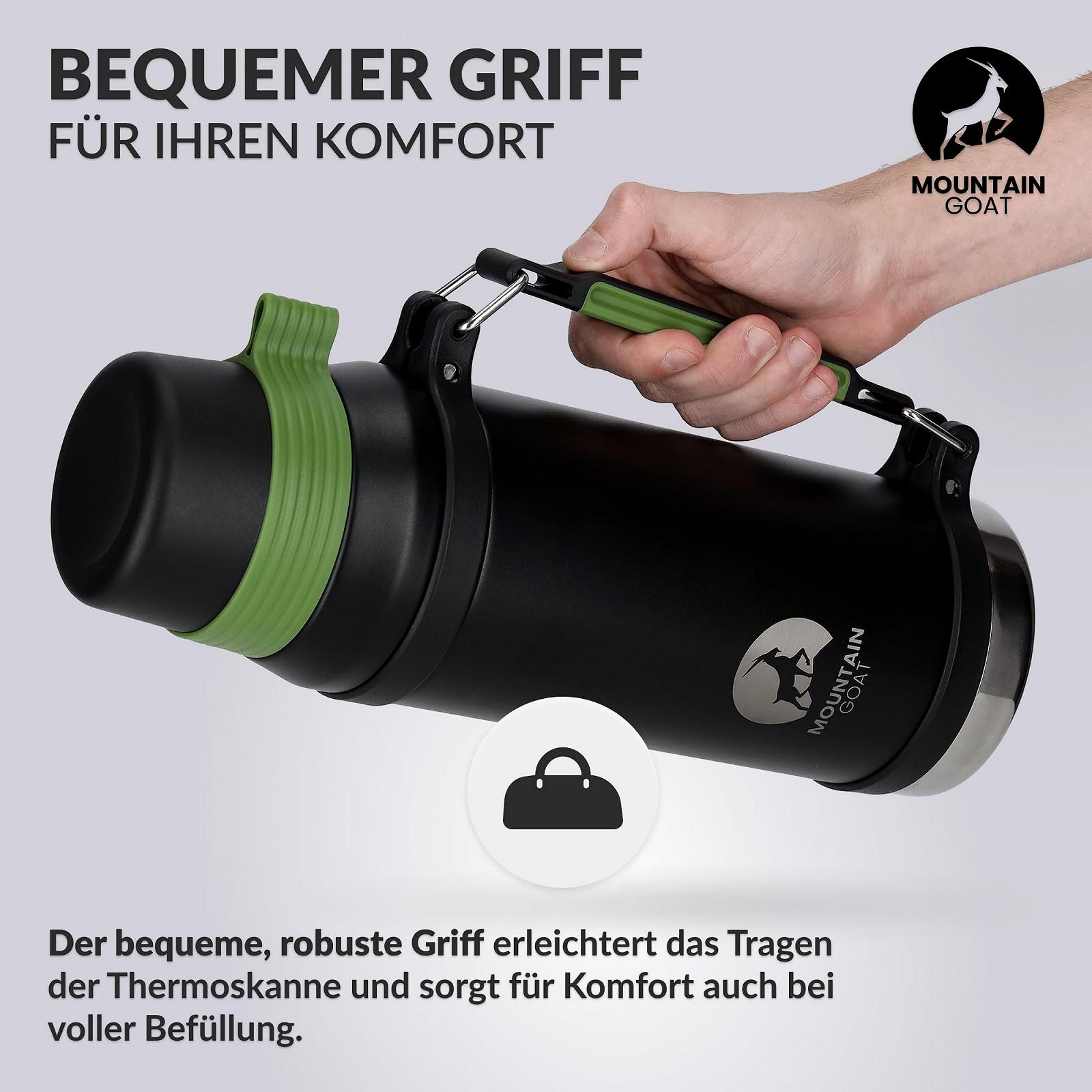 Термос MOUNTAIN GOAT XXL 2 l нержавіюча сталь, з ручкою, 24 години тепла, 48 годин холоду, герметичний, чорний/зелений, фото №3 Термос MOUNTAIN GOAT XXL 2 l нержавіюча сталь, з ручкою, 24 години тепла, 48 годин холоду, герметичний, чорний/зелений, фото №3