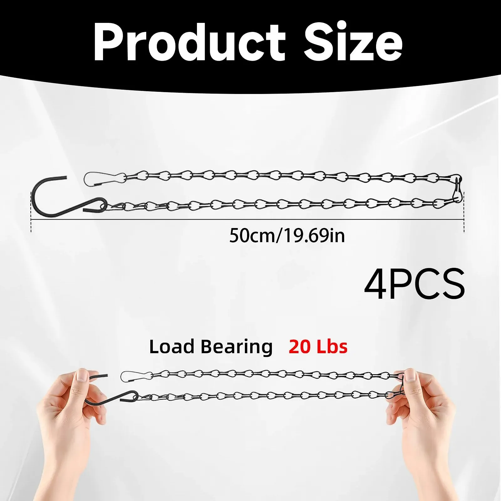 Набір ланцюгів для підвісних кошиків 4 шт. 50 см Метал Чорний з гачками та карабінами, фото №2