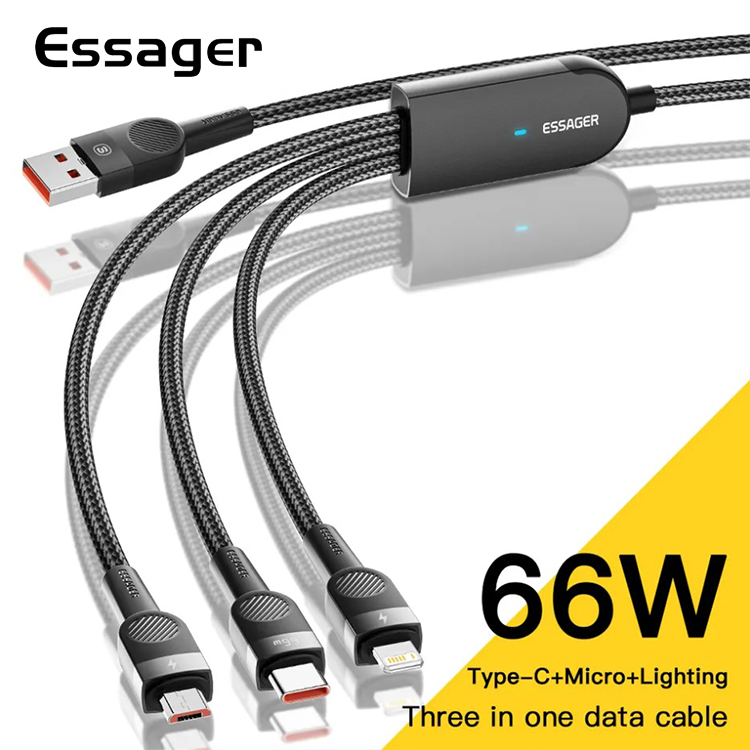 Зарядный кабель Swift 3 в 1 ESSAGER micro USB Type-C Lightning 1.2метр 66W, фото №1