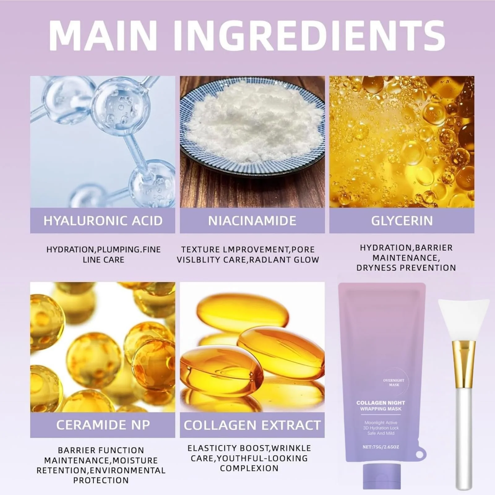 Маска-пленка для лица Коллагеновая маска для ночного использования, маска для лица для удаления пятен, коллагеновая маска, ночная коллагеновая маска, увлажняющая маска для лица с кисточкой, фото №2