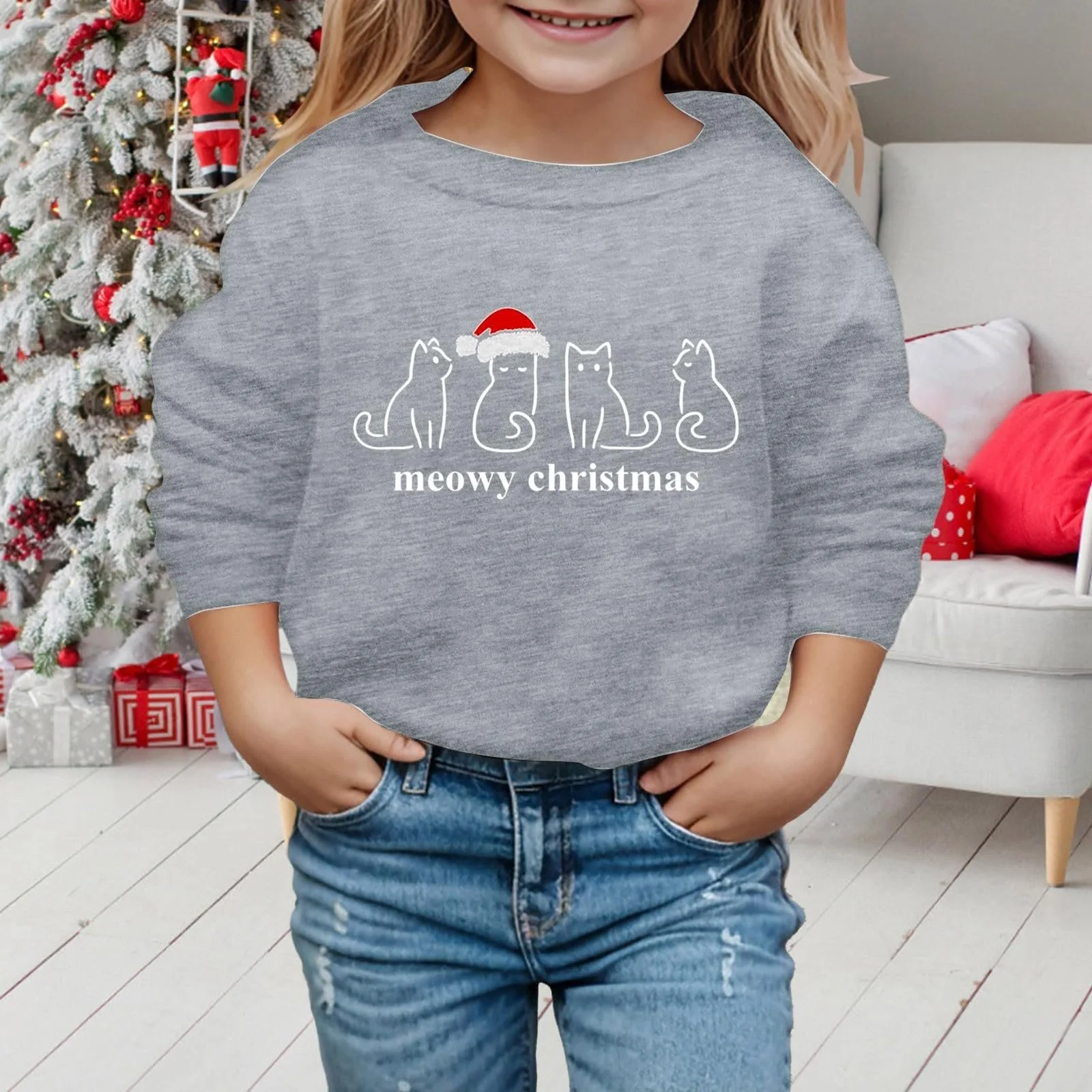 Рождественский джемпер для котов Детский джемпер Рождественский хлопковый топ с длинными рукавами Рождественские свитшоты с кошачьим принтом Рождественский смешной уродливый рождественский свитер Рождественский свитшот для девочек, фото №2