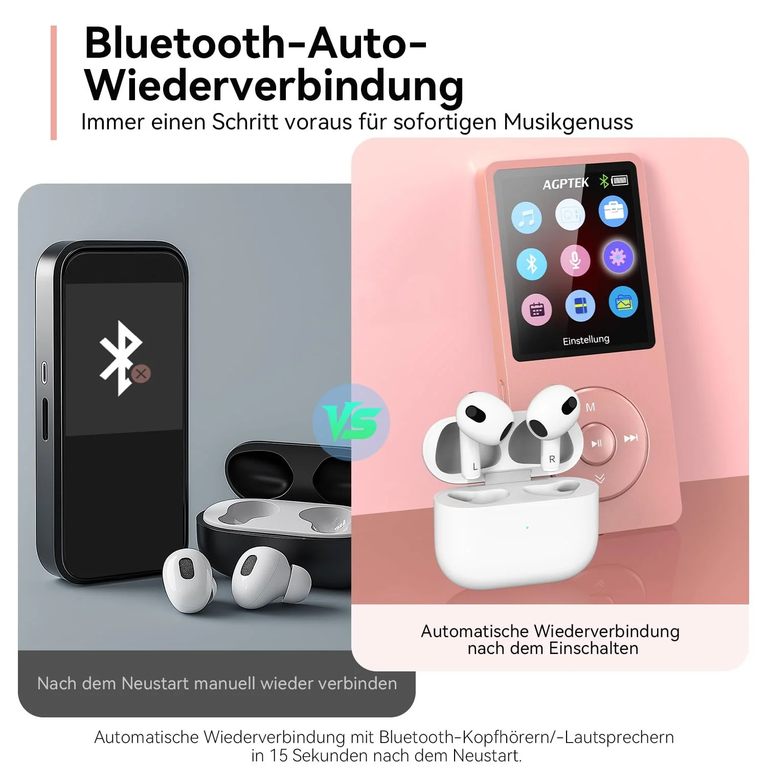 MP3-плеєр AGPTEK 64 ГБ Bluetooth 5.3 з динаміком, 40 годин автономної роботи, маленький і класичний спортивний MP3 з екраном 1,8 дюйма, FM-радіо (без навушників), TF-карта до 128 ГБ, рожевий, фото №3