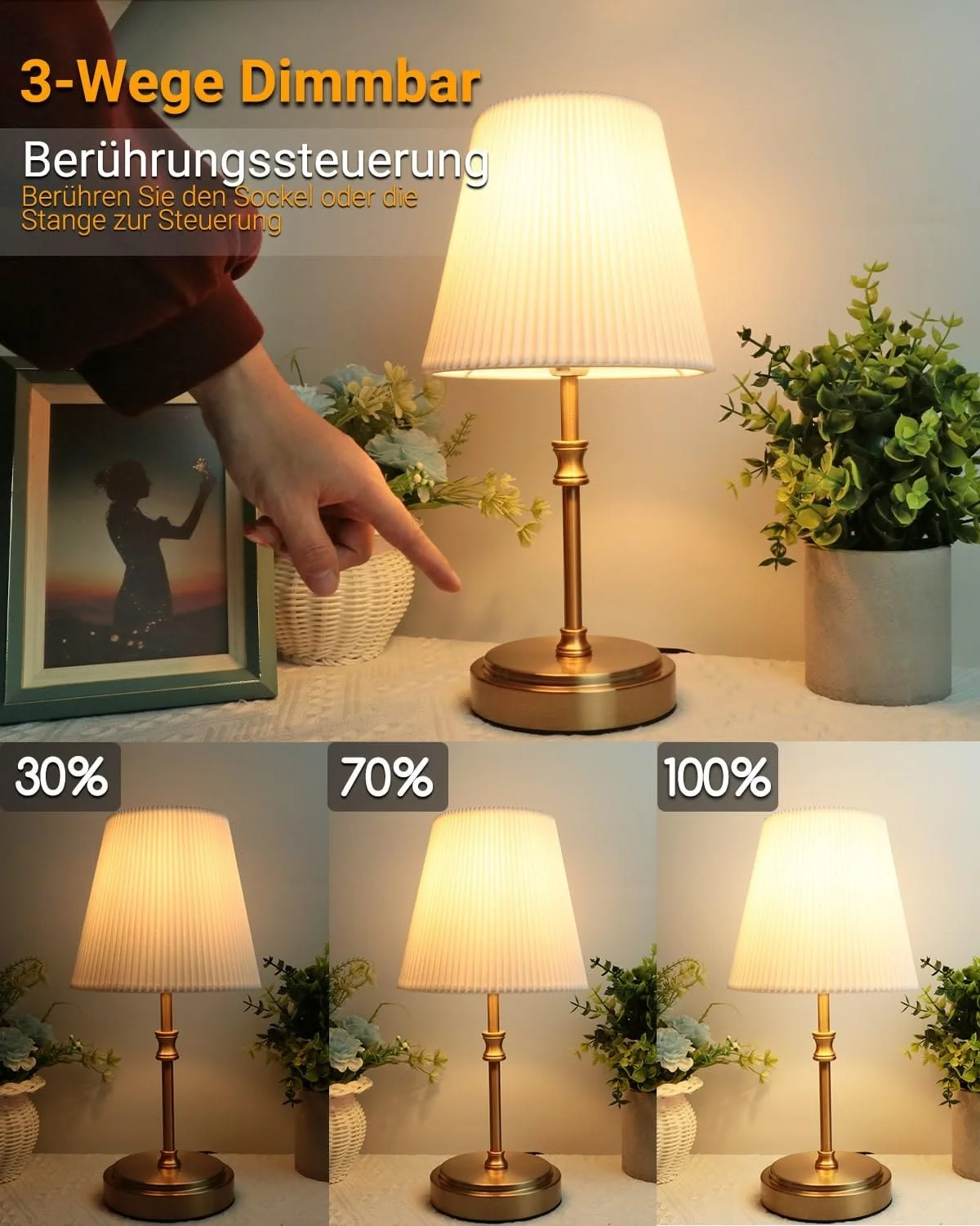 Настільна лампа сенсорна димована 31.5 см 3 рівні яскравості Золота, фото №2