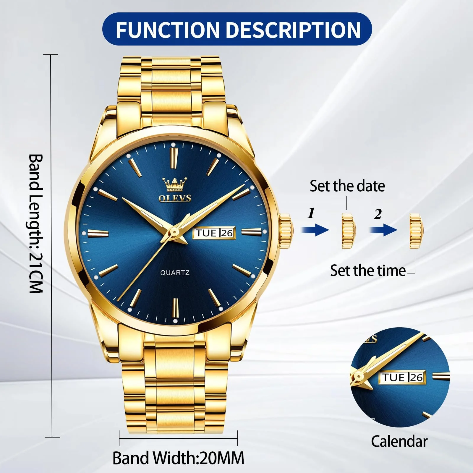 Чоловічий годинник OLEVS Золотий, Кварцовий аналоговий годинник з великим циферблатом з нержавіючої сталі, фото №6