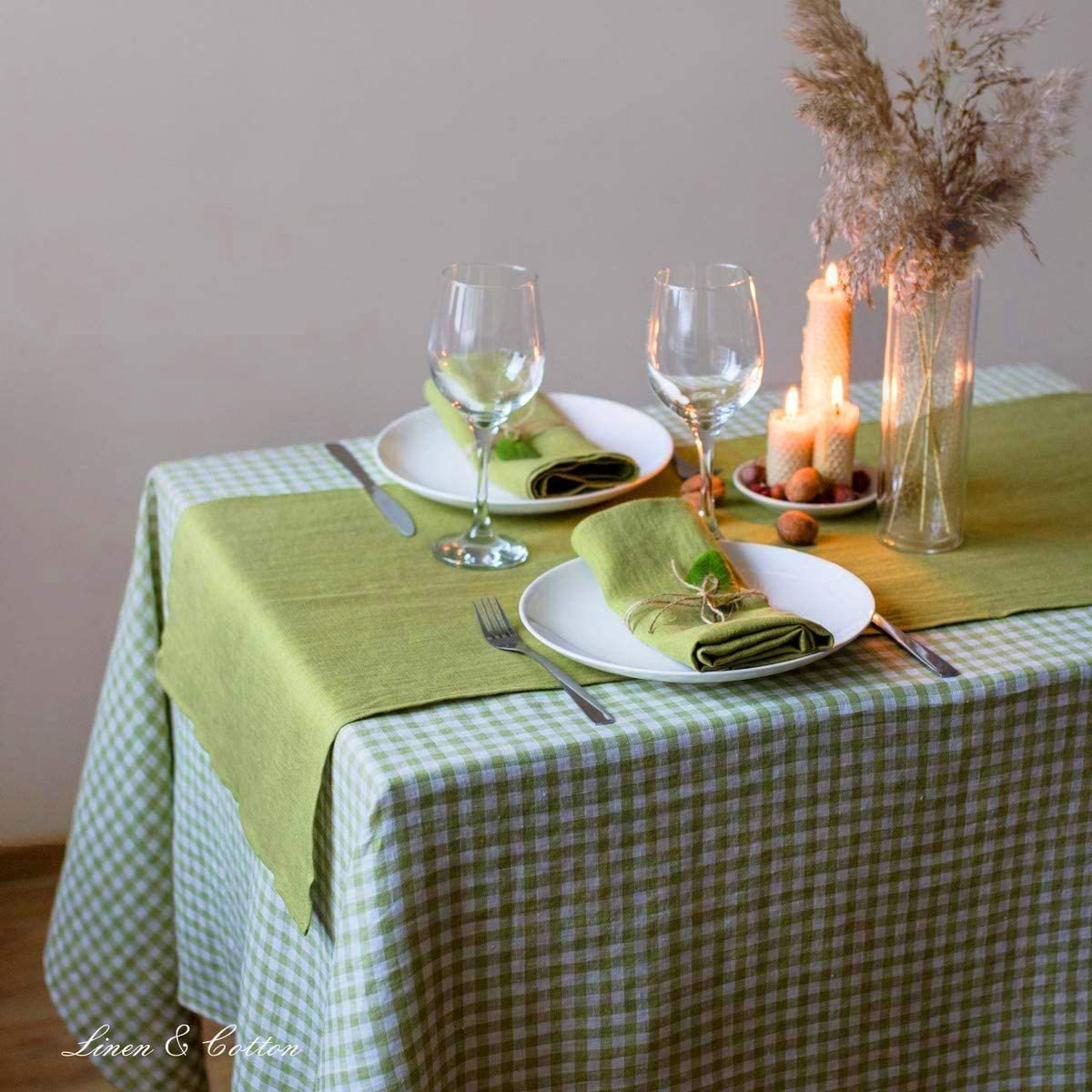 Скатертина Linen & Cotton Estella 100% льон 140 x 220 см Біло-зелена, фото №2