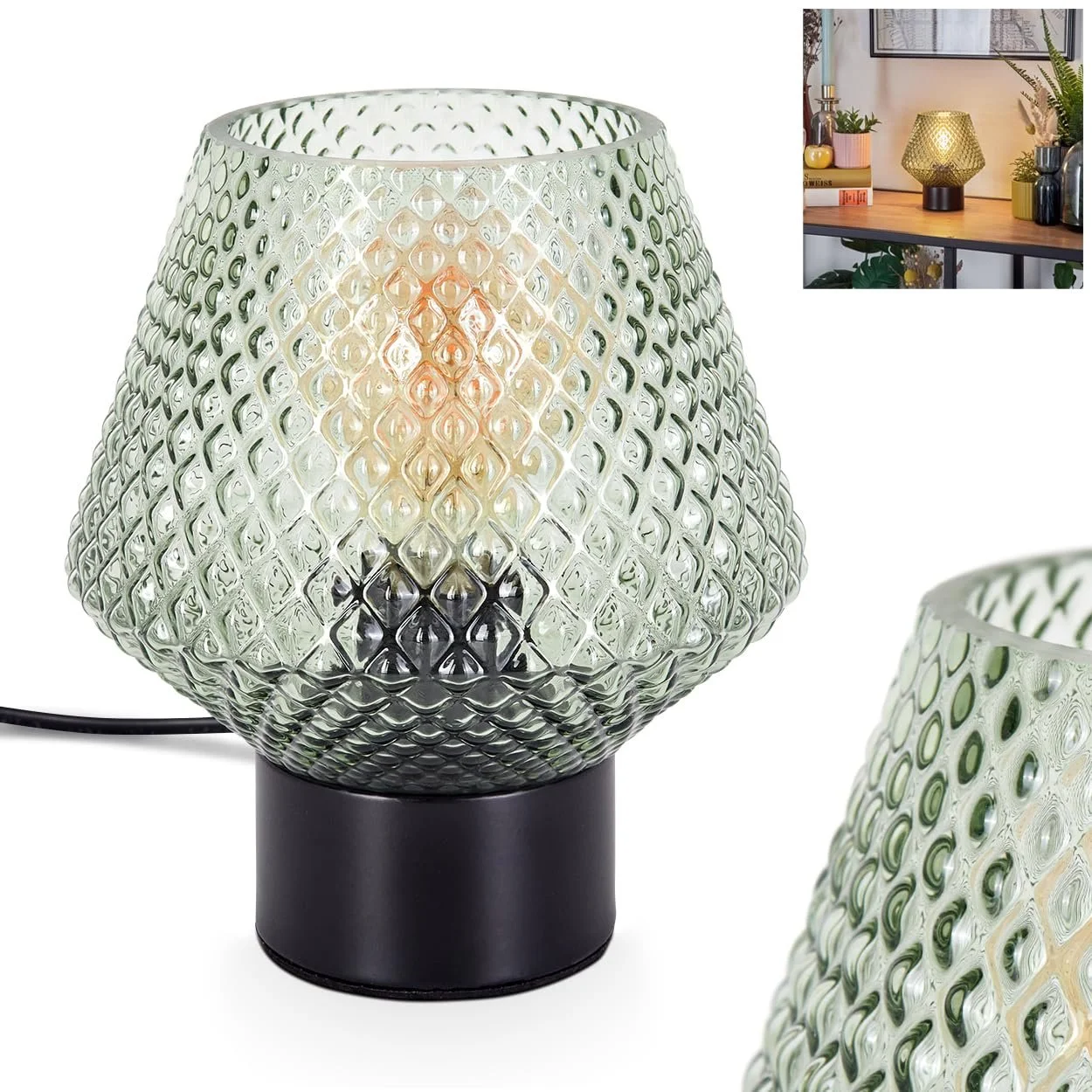 Настільна лампа Paderne Metal / Glass E27 Ø15 см Black / Green, фото №1