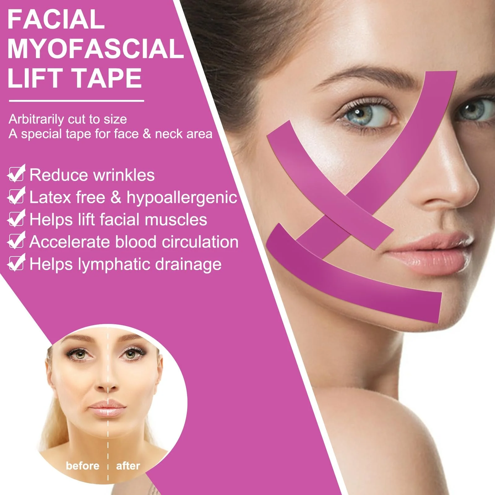 Стрічка для підтяжки обличчя, 2 шт, рожевий (2,5 x 500 см / рулон), фото №5