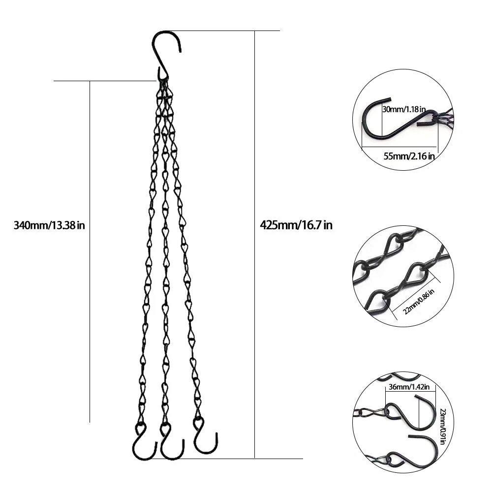 Металеві ланцюжки для підвісних кошиків Набір 6 шт. з S-подібними гачками Чорні, фото №7 Металеві ланцюжки для підвісних кошиків Набір 6 шт. з S-подібними гачками Чорні, фото №7