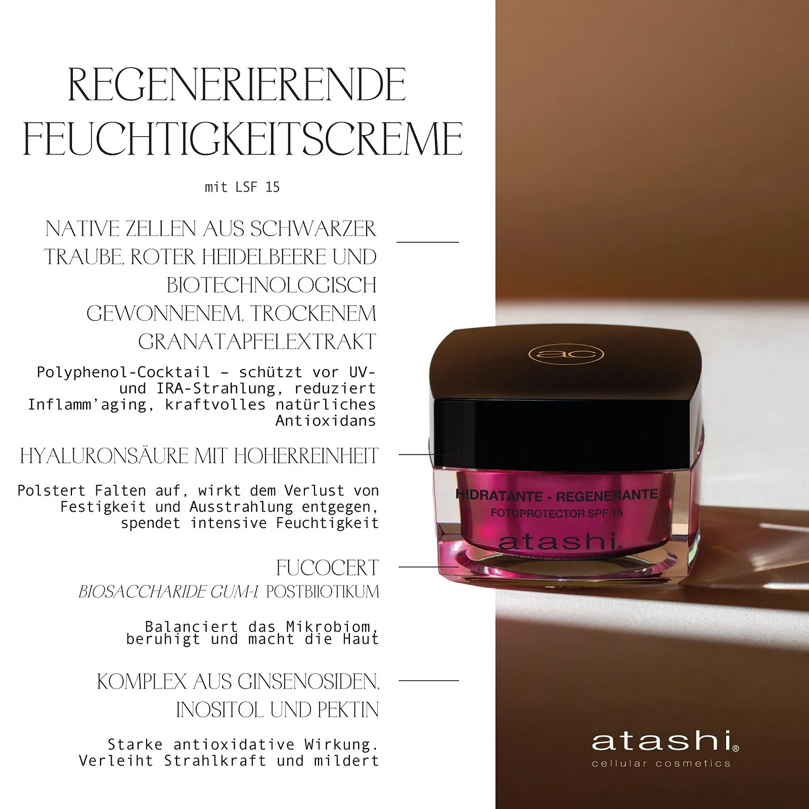 Денний крем Atashi Antioxidant Regenerating Moisturising SPF 15 гіалуронова кислота вітаміни C, E та CoQ10, фото №3