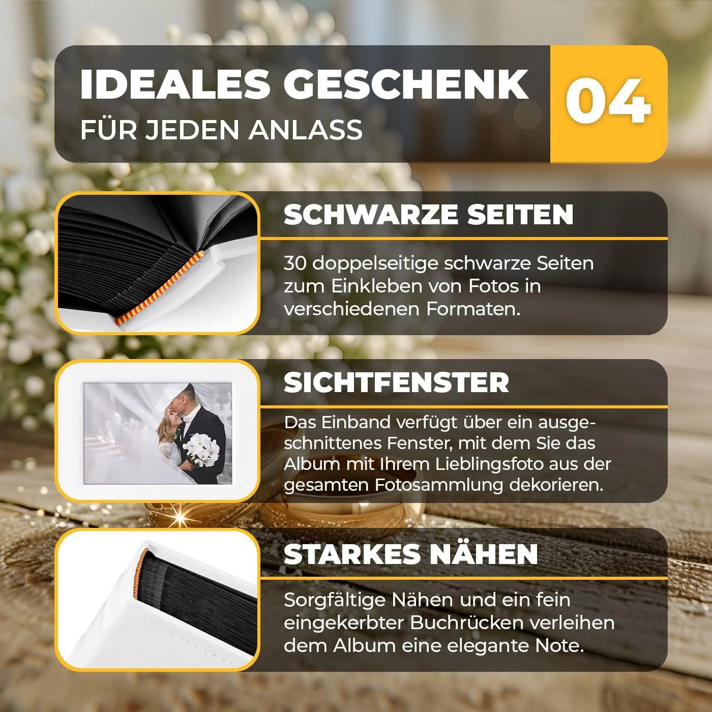 Фотоальбом Murrano для DIY с вырезом для фото + гравировка - на 240 фотографий формата 10 x 15 см - 60 черных страниц - размер 33 x 30 см - белый - подарок на годовщину свадьбы, фото №5