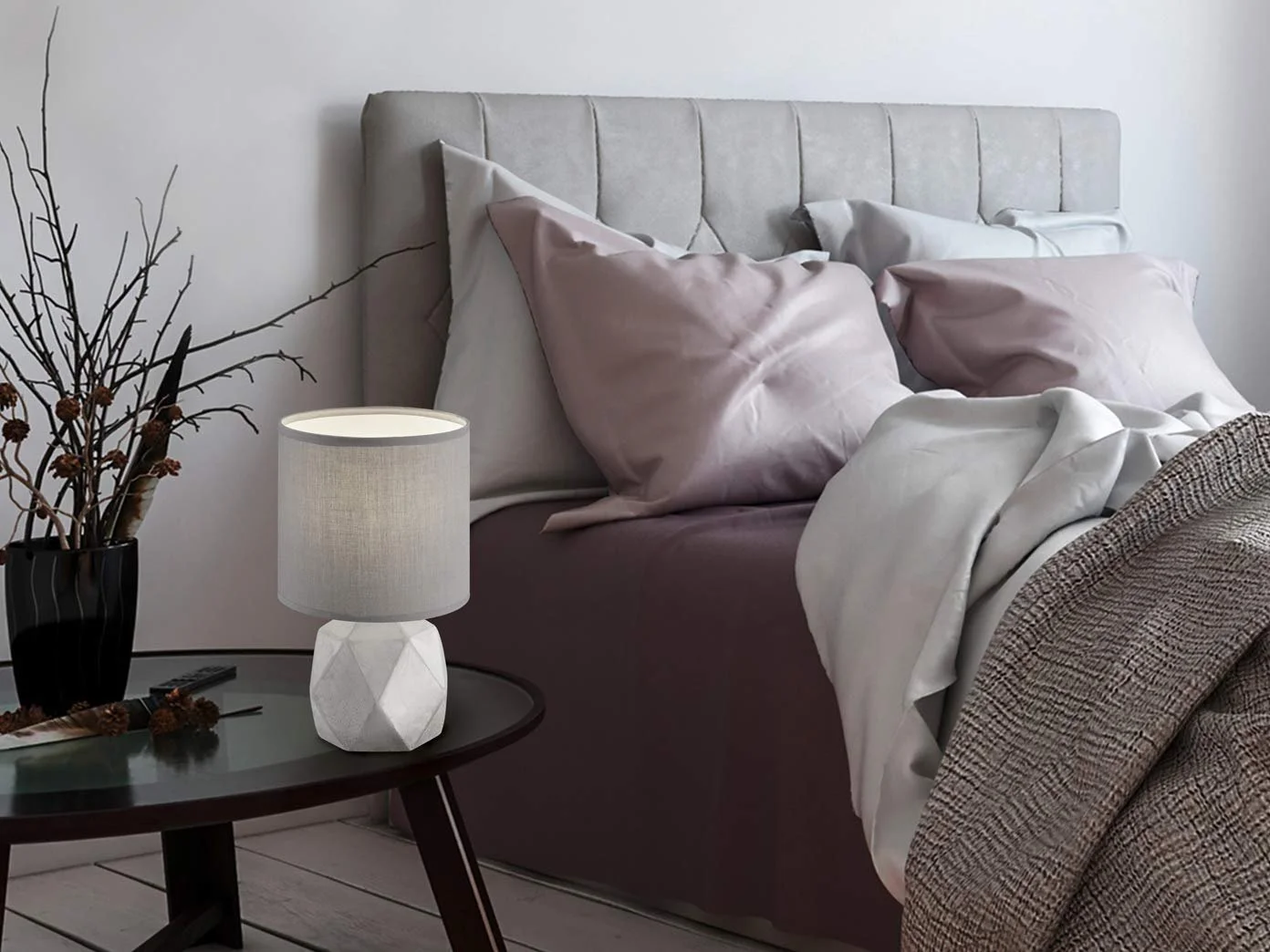 Настільна лампа 28 см Бетонна основа Тканинний абажур Сіра, фото №3