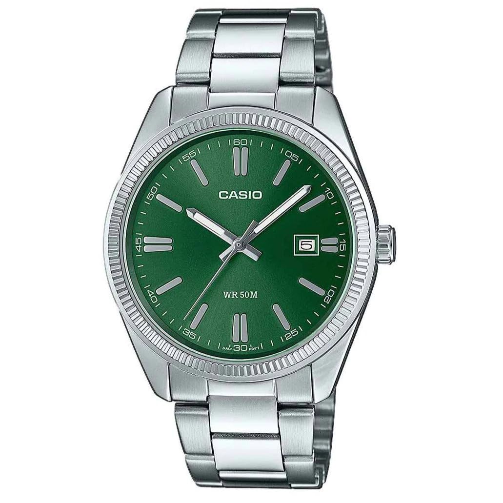Часы унисекс кварцевые Casio MTP-1302PD-3AVEF, корпус 39.00 мм, зеленый аналоговый циферблат, серебристый металлический ремешок, серебристый, MTP-1302PD-3AVEF, фото №1