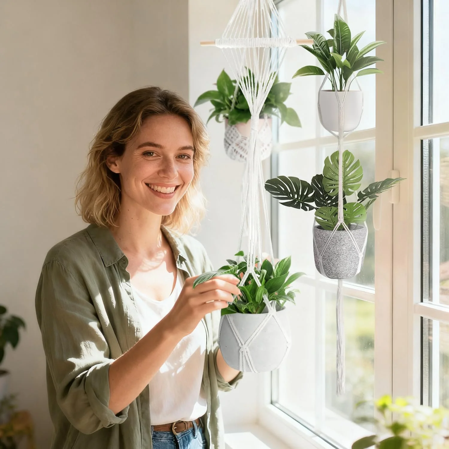 Набір підвісних кошиків макраме Petutu 4 шт. бавовняні ручна робота Білий, фото №5 Набір підвісних кошиків макраме Petutu 4 шт. бавовняні ручна робота Білий, фото №5