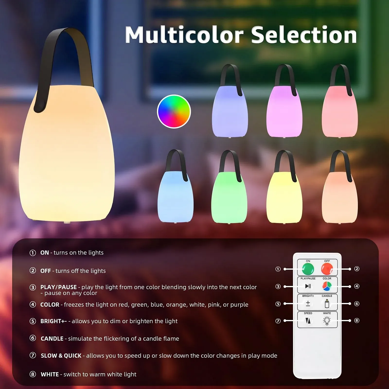 Настільна лампа вулична Набір 2 шт. LED Бездротова 8 кольорів Димування Дистанційне керування IP44 Акумулятор 8-10 год Trumpet Silicone Carrying Handle, фото №3
