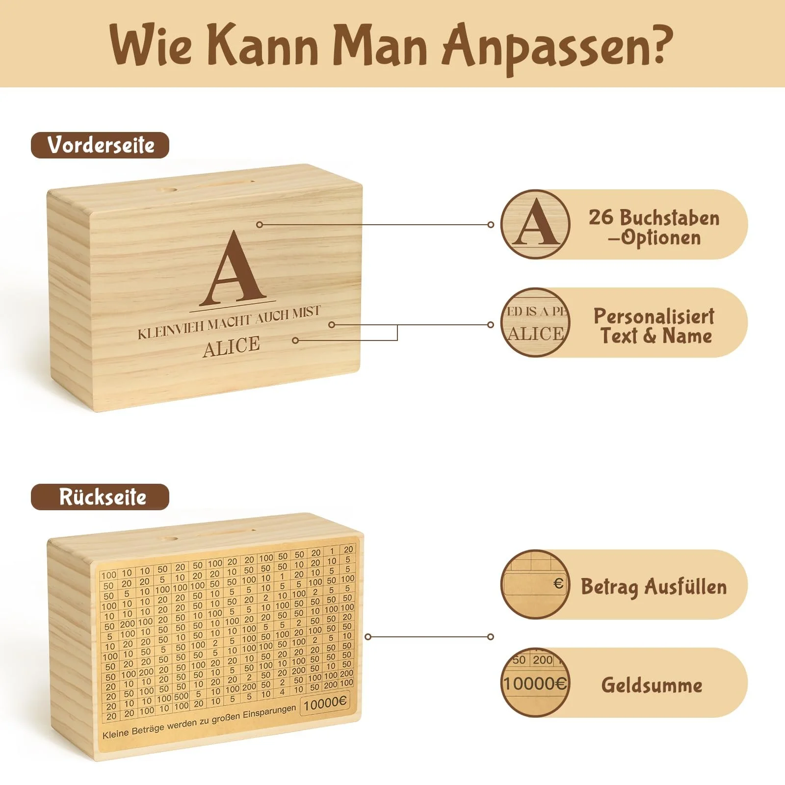 Скарбничка Bemaystar Personalised дерев'яна з цілями 5000 €, фото №3