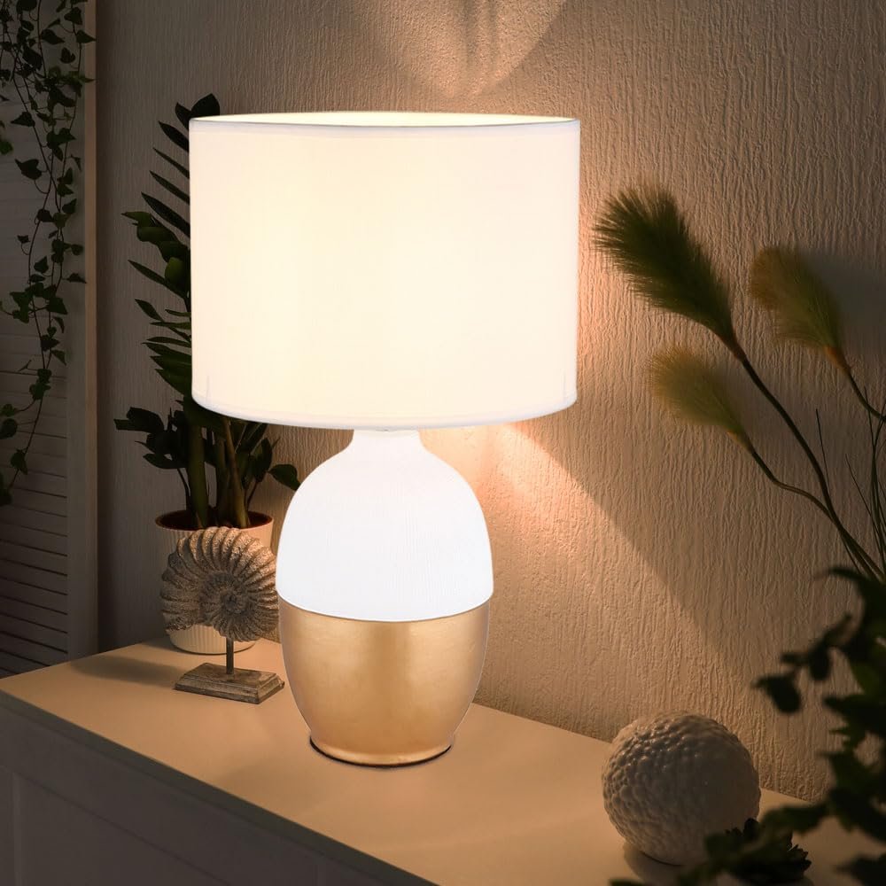 Настільна лампа etc-shop текстильний абажур кераміка золото 1x E14 25 x 43 см біла, фото №3