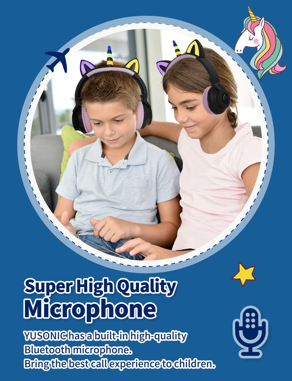 Навушники Bluetooth YUSONIC Unicorn для дівчаток хлопчиків з LED підсвіткою чорні, фото №7