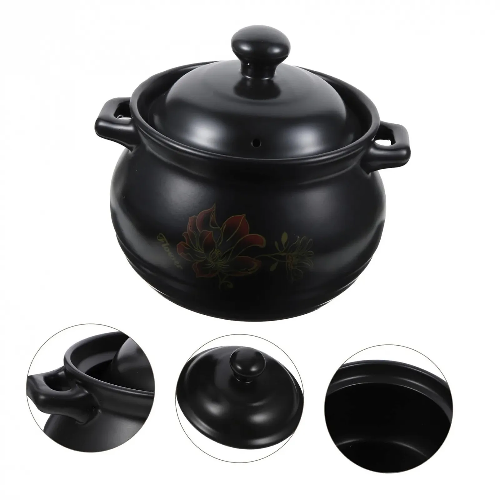 Каструля Ipetboom Керамічна Кам'яна кераміка Чорна з квітковим візерунком, фото №6 Каструля Ipetboom Керамічна Кам'яна кераміка Чорна з квітковим візерунком, фото №6