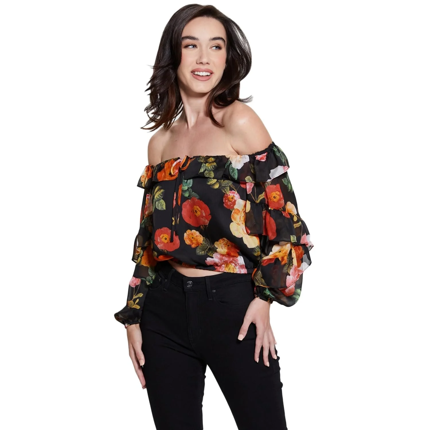 Блузка GUESS Shani Ruffle Модель W4RH09WCWF2 Синтетика, Чорний, Маленький, фото №1 Блузка GUESS Shani Ruffle Модель W4RH09WCWF2 Синтетика, Чорний, Маленький, фото №1