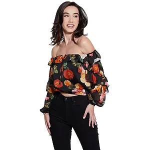 Блузка GUESS Shani Ruffle Модель W4RH09WCWF2 Синтетика, Чорний, Маленький - Фото 1