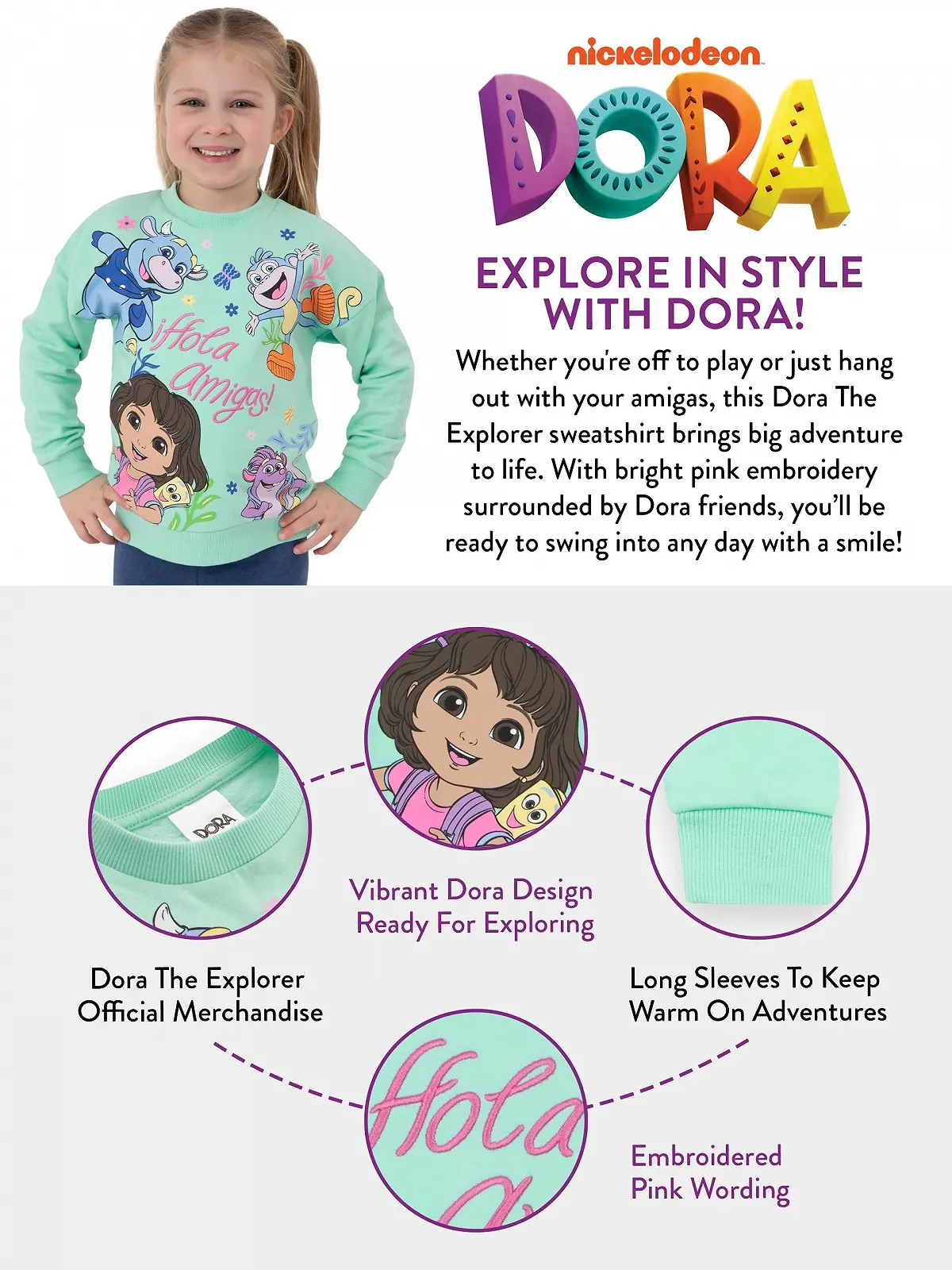 Пуловер DORA The Explorer для дівчинки, дитячий світшот з довгими рукавами, фото №7