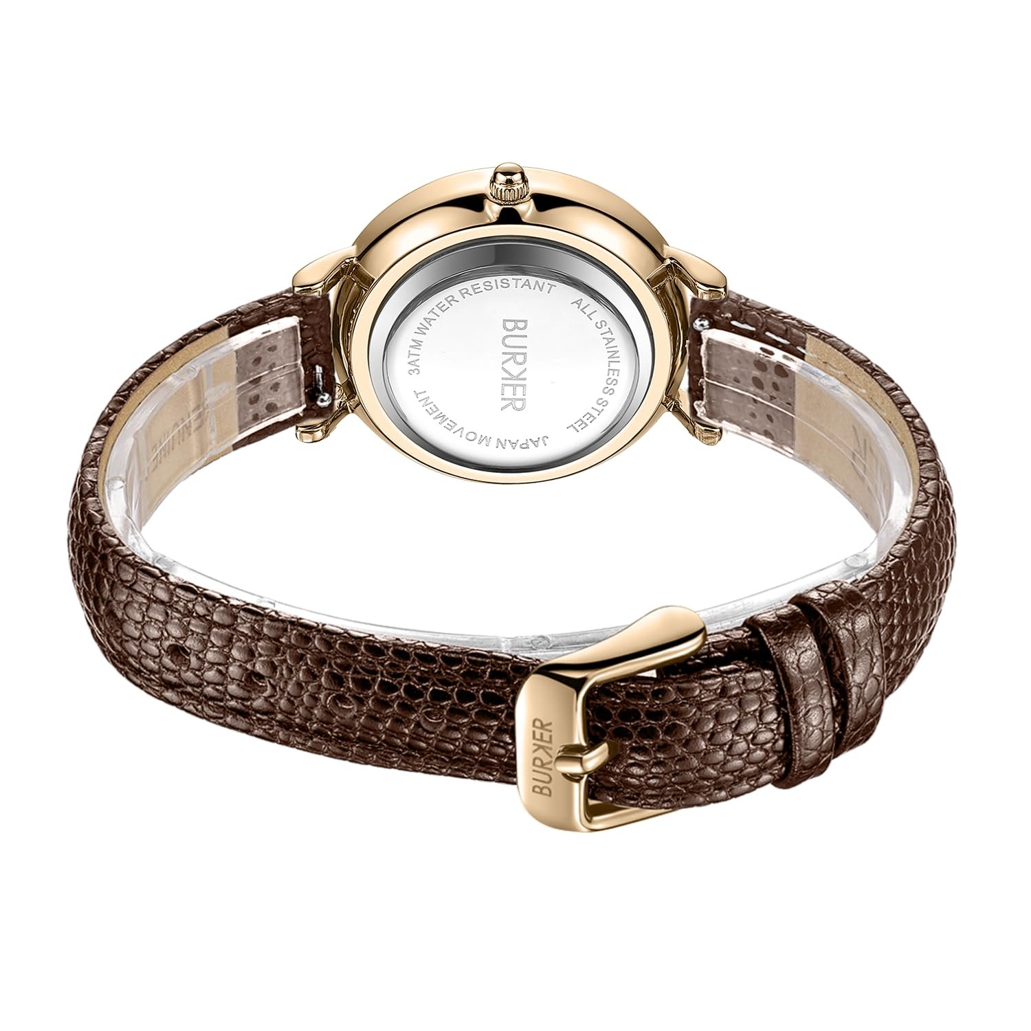 Женские часы BURKER Ruby Petite, круглые женские часы, классические аналоговые, водонепроницаемые 3 ATM, кожаный ремешок, золото-коричневый, 28 мм, золото-коричневый - кожа, браслет, фото №4