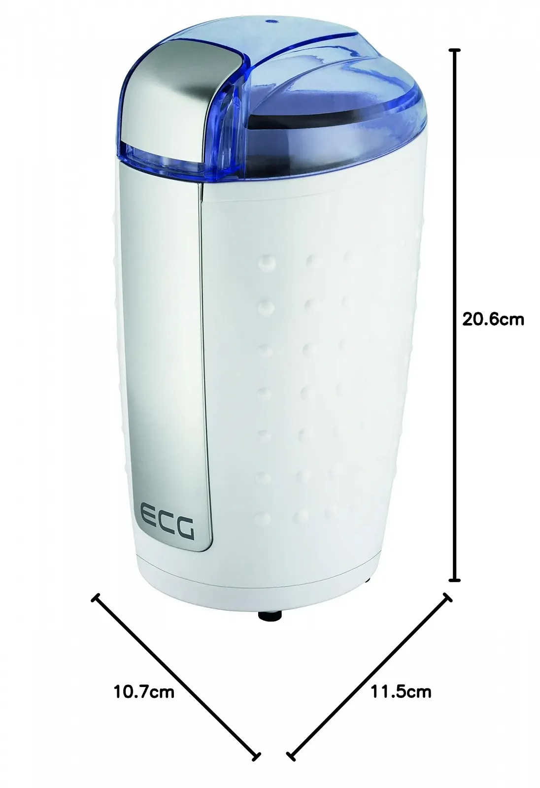 Кавомолка ECG KM 110 електрична, для кавових зерен/горіхів, ніж з нержавіючої сталі, біла/срібна, фото №6 Кавомолка ECG KM 110 електрична, для кавових зерен/горіхів, ніж з нержавіючої сталі, біла/срібна, фото №6