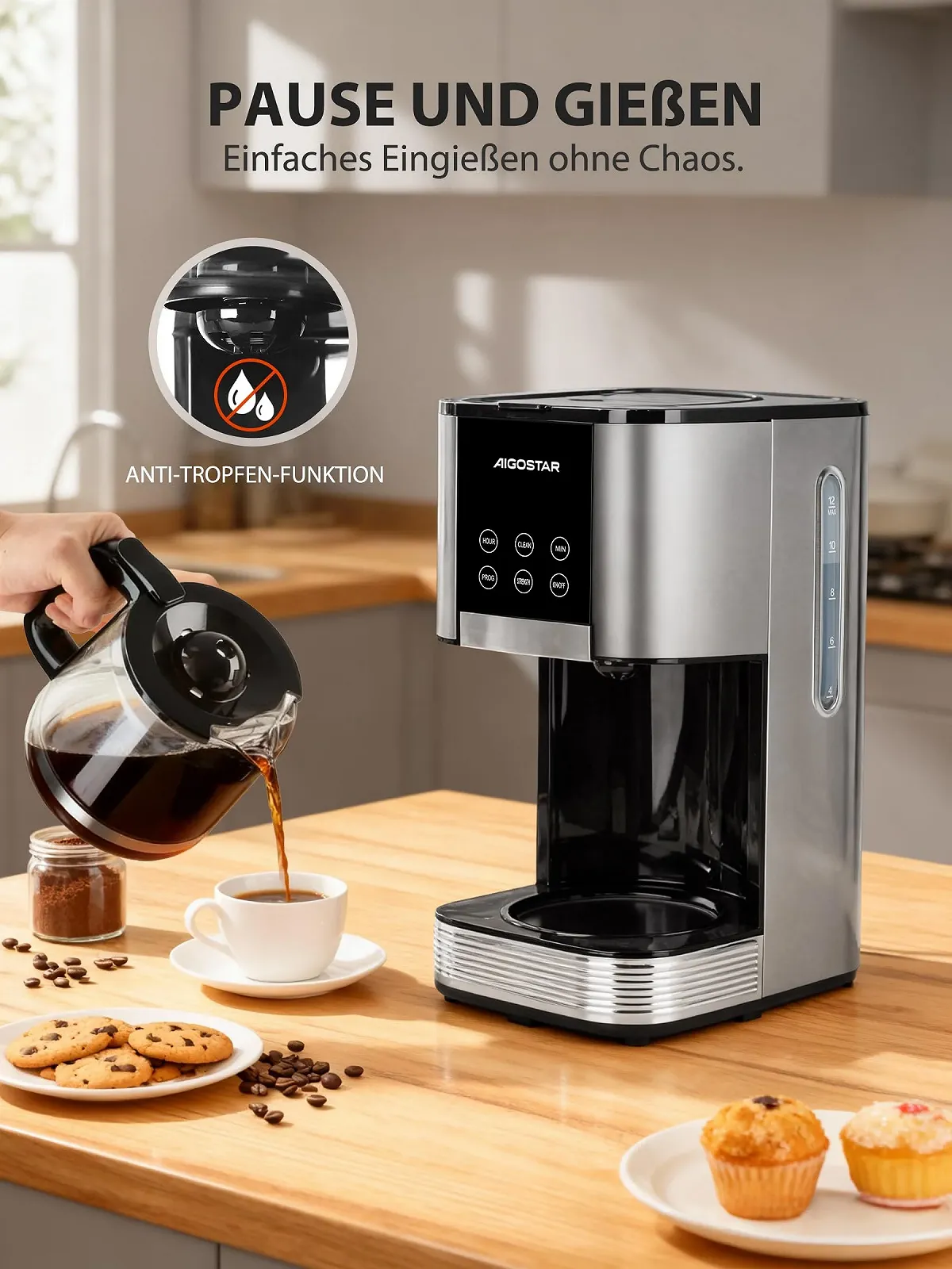 Капельная кофеварка Aigostar Cora 1.5 л 1000 Вт LCD Черная, фото №6