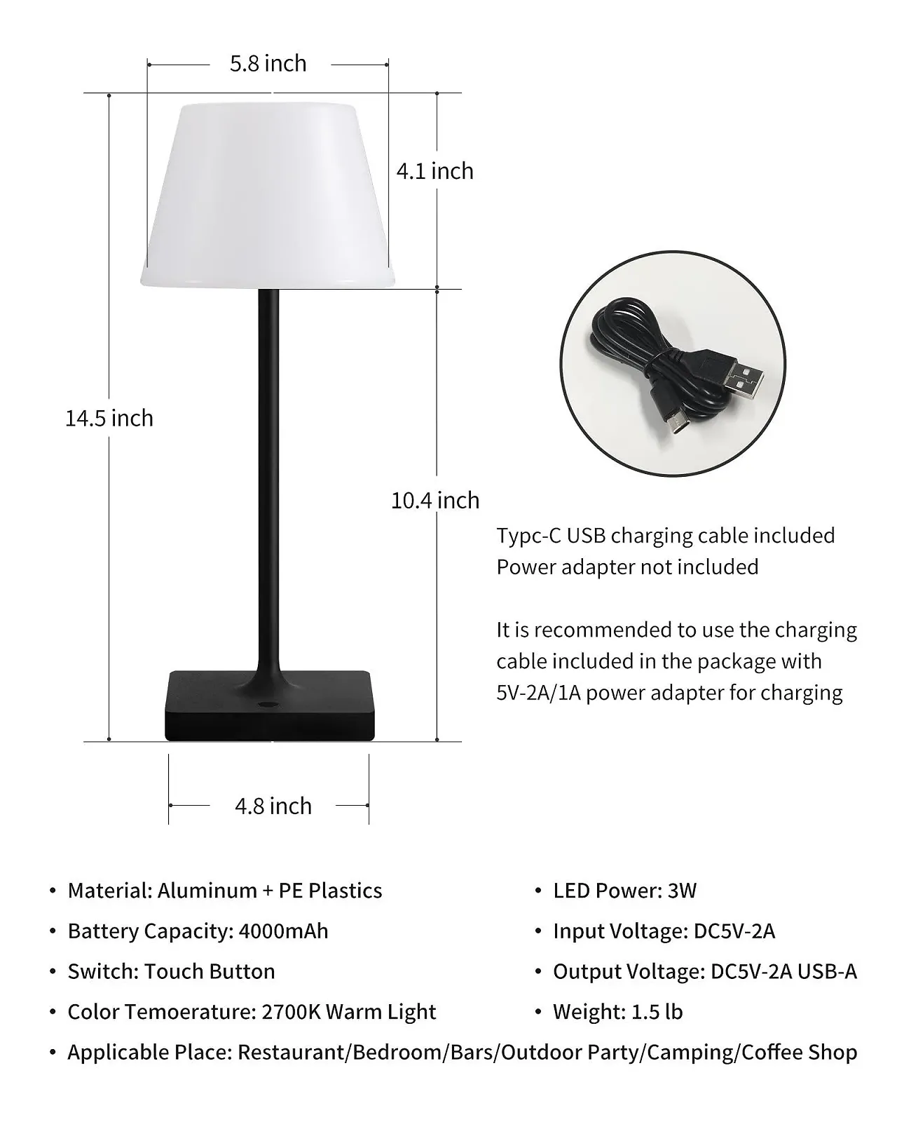 Настільна лампа LED Бездротова з акумулятором 4000 мАг Сенсорна Водонепроникна Чорна, фото №5