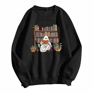 Женский свитшот PMUAFG на Хэллоуин, модная толстовка с принтом на Хэллоуин, базовый джемпер без капюшона, пуловер с круглым вырезом, пуловер с длинными рукавами, базовый свитшот для женщин, однотонные свободные топы - Фото 1