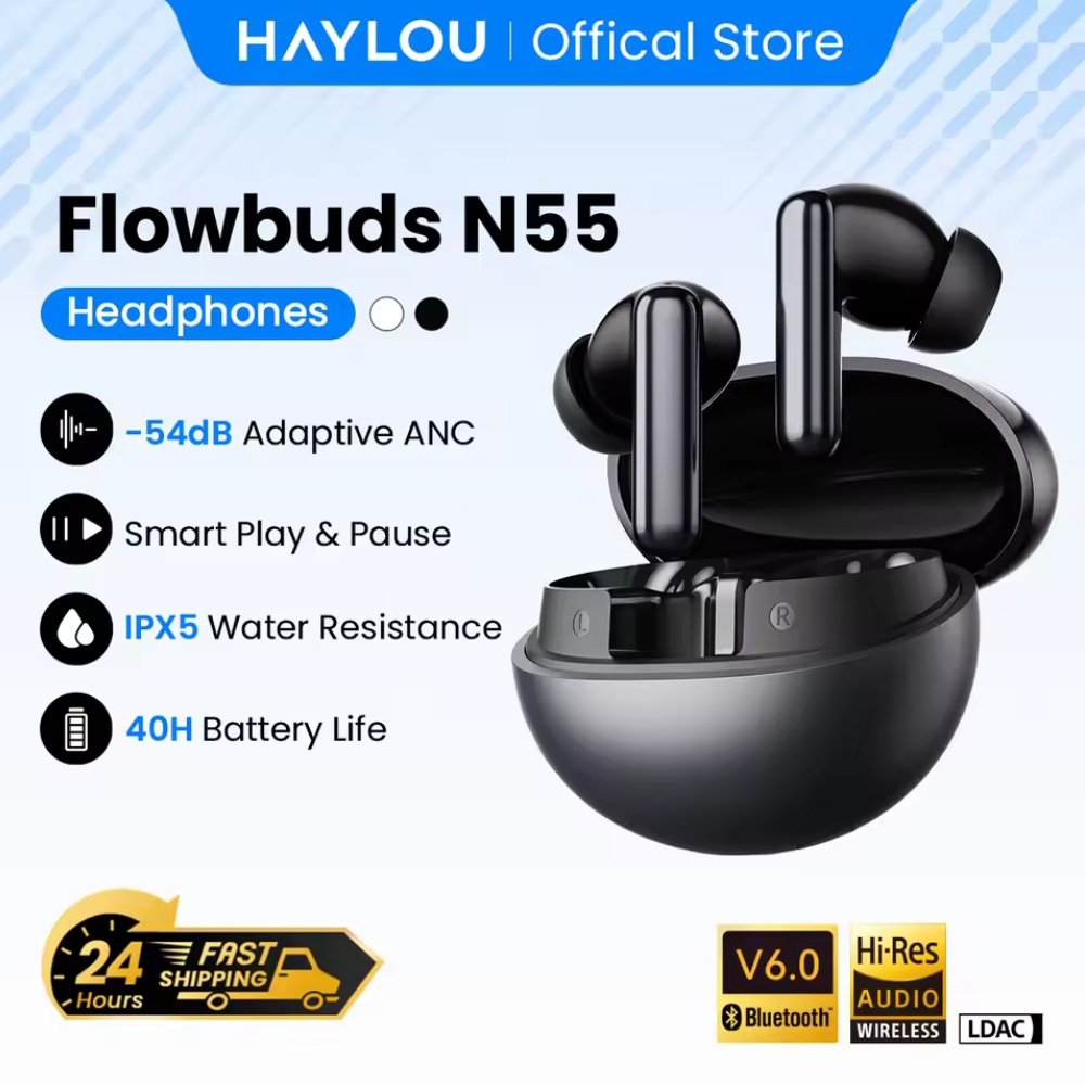 Навушники HAYLOU Flowbuds N55 Black LDAC Hi-Res Audio 54dB ANC IPX5, фото №1