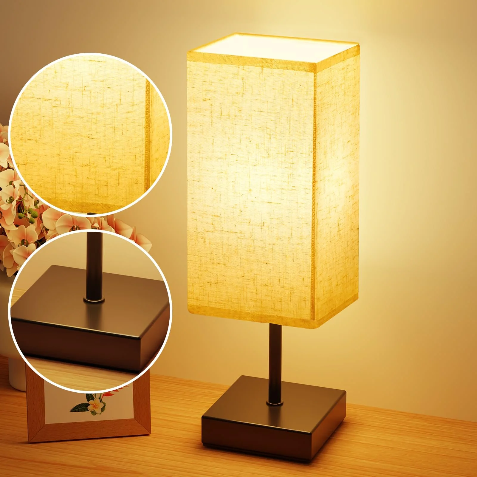 Настільна лампа Suright Bedside Lamp Сенсорна Плавний димер Пам'ять Лляний абажур LED E27 Чорна, фото №7