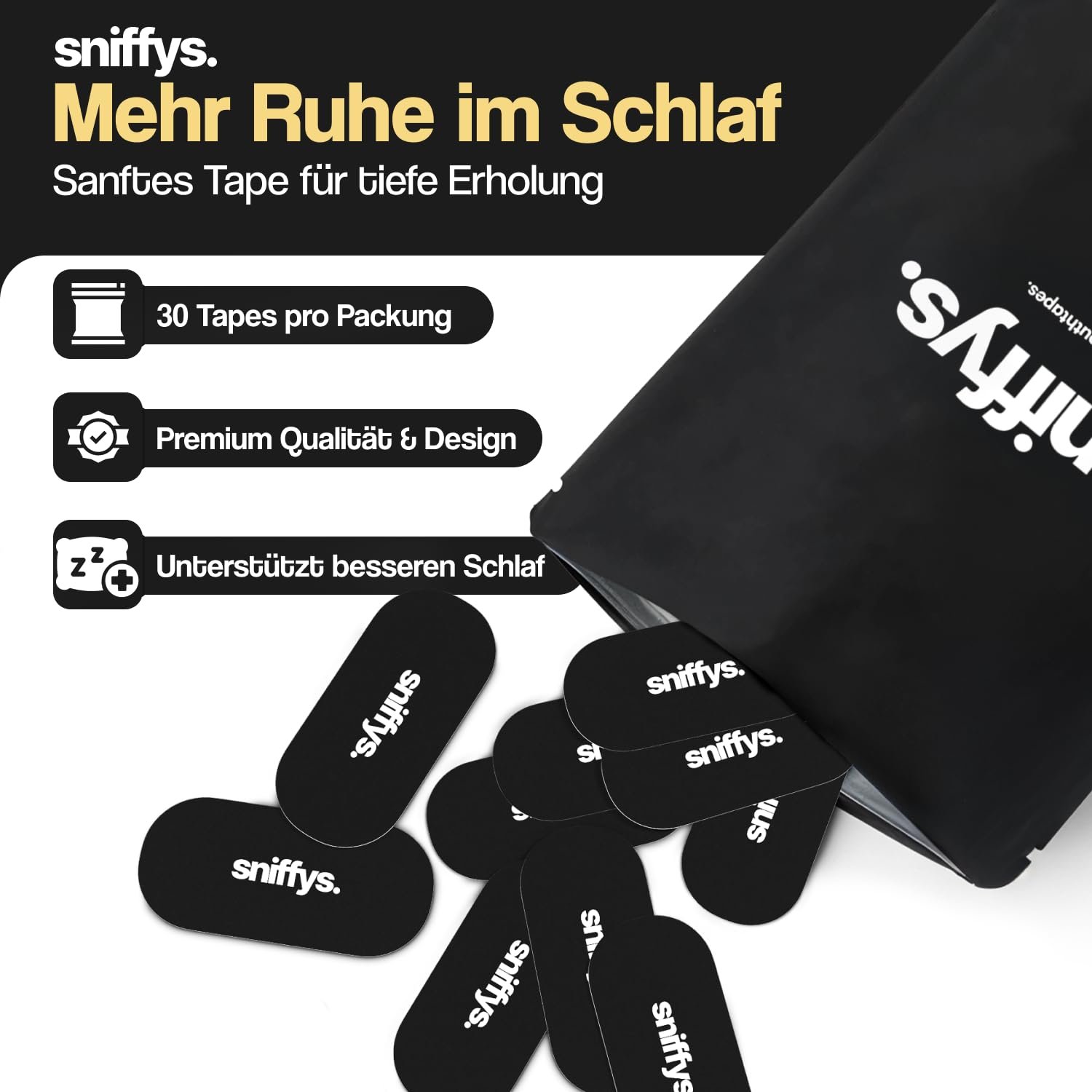 Смужки для сну Sniffys від хропіння, для кращого дихання та спокійного сну, 30 шт, чорний колір, фото №7