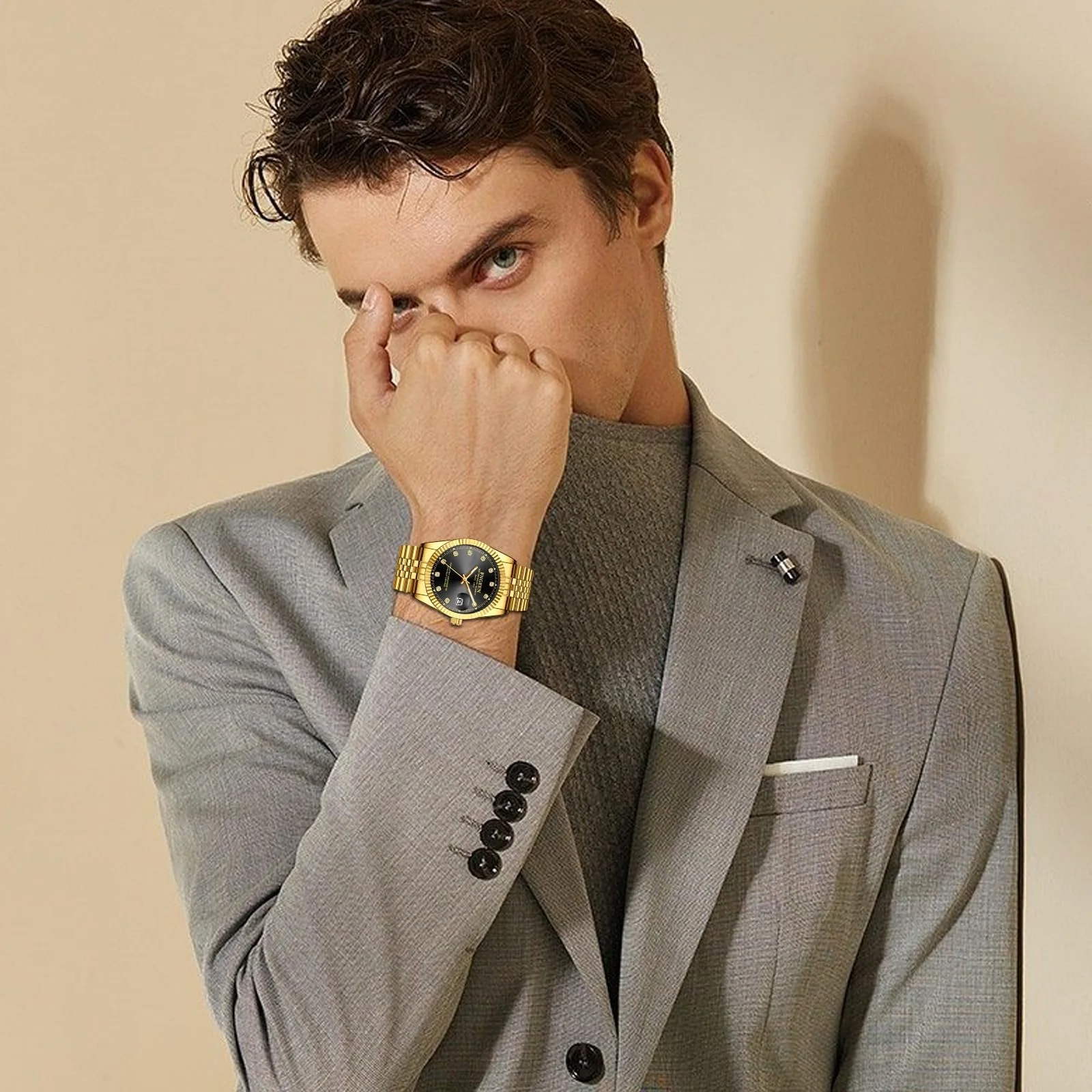 Мужские часы Avaner Золотые наручные часы: Мужские часы со шкалой со стразами Люминесцентные стрелки Аналоговые кварцевые часы с ремешком из нержавеющей стали для мужчин, фото №6