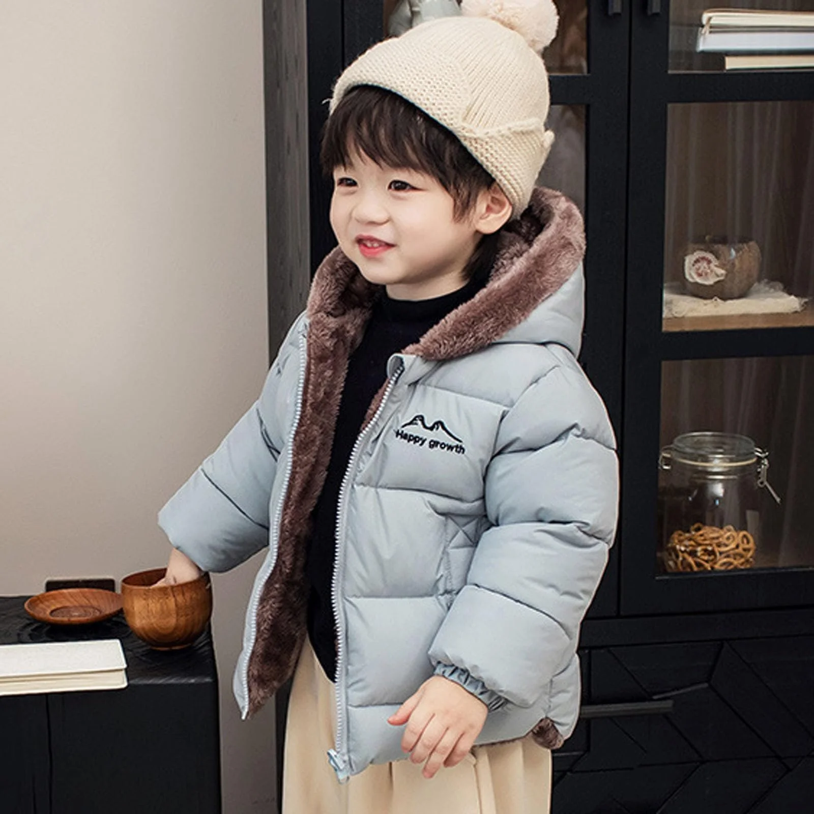 Зимова куртка для підлітків, однотонна куртка з капюшоном на флісовій підкладці, фото №4