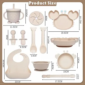 Набір дитячого посуду Kinyoda 10 предметів, силіконовий, нековзкий, з присоскою, з ложкою, виделкою, мискою, слинявчиком, чашкою, тарілкою, бежевий synthetic.ua - Фото 1