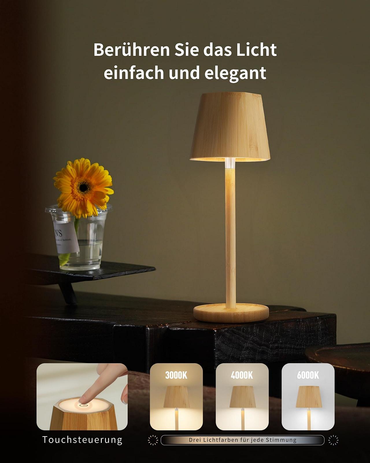 Настільна лампа LED Vintage Bamboo Boho бездротова сенсорна IP54 5200 mAh Дерев'яна, фото №2