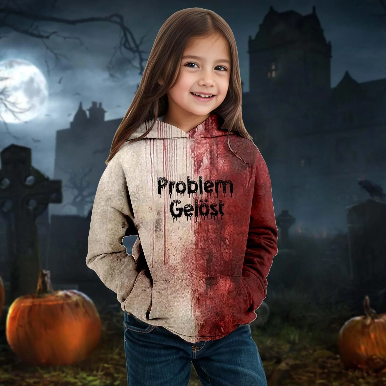 Худи с капюшоном Problem Solved Halloween для девочек - 3D мягкий пуловер с капюшоном, брызги крови, большой худи, ужасная кровавая толстовка с капюшоном, толстовки для девочек 2025, фото №3