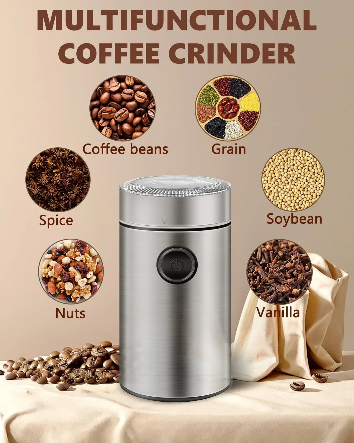 Электрическая кофемолка, корпус из нержавеющей стали, 150 Вт, 22000 об/мин, контейнер для зерен до 50 г, для кофейных зерен, орехов, специй, 9.7 x 9.7 x 17.8 см, фото №3