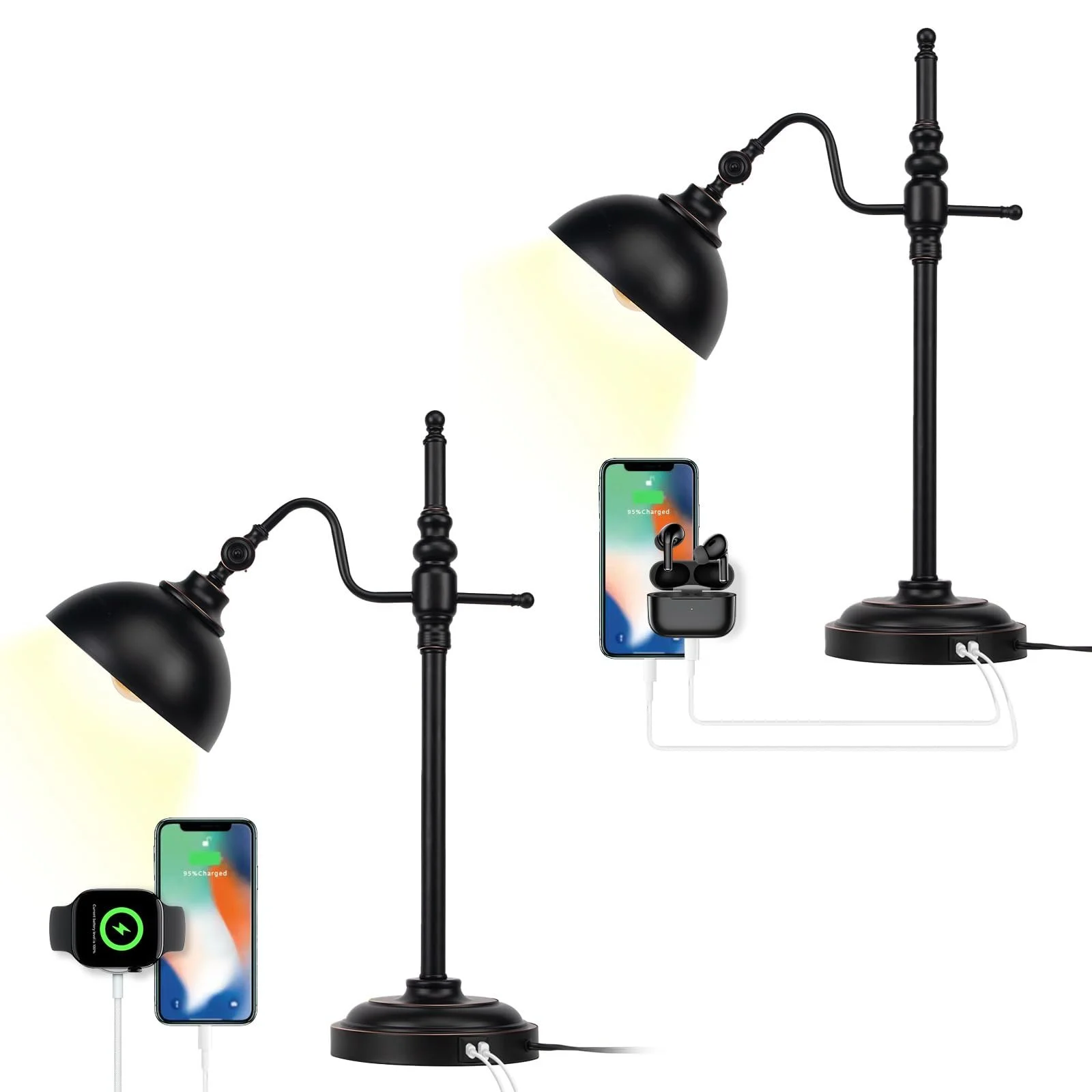 Настільна лампа Industrial Desk Lamp 2 Pack Black Metal 2 USB Charging Ports Adjustable Head, фото №1