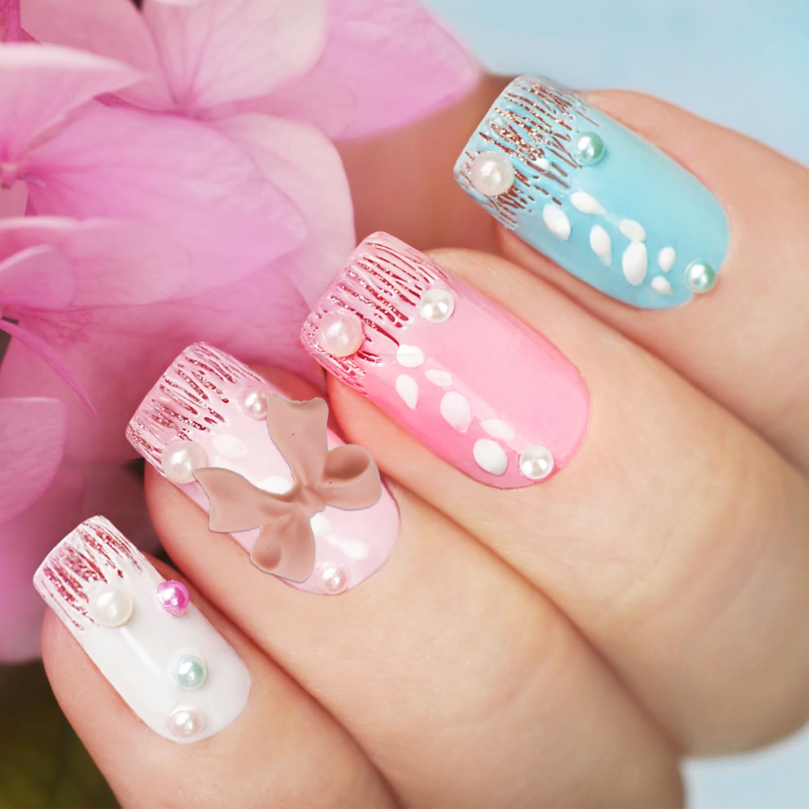 Прикраса для нігтів 3D бантики, 5 стилів Мініатюрні підвіски-бантики з милими стразами Ведмедики Перлинні камені Різнокольорові матові, фото №5