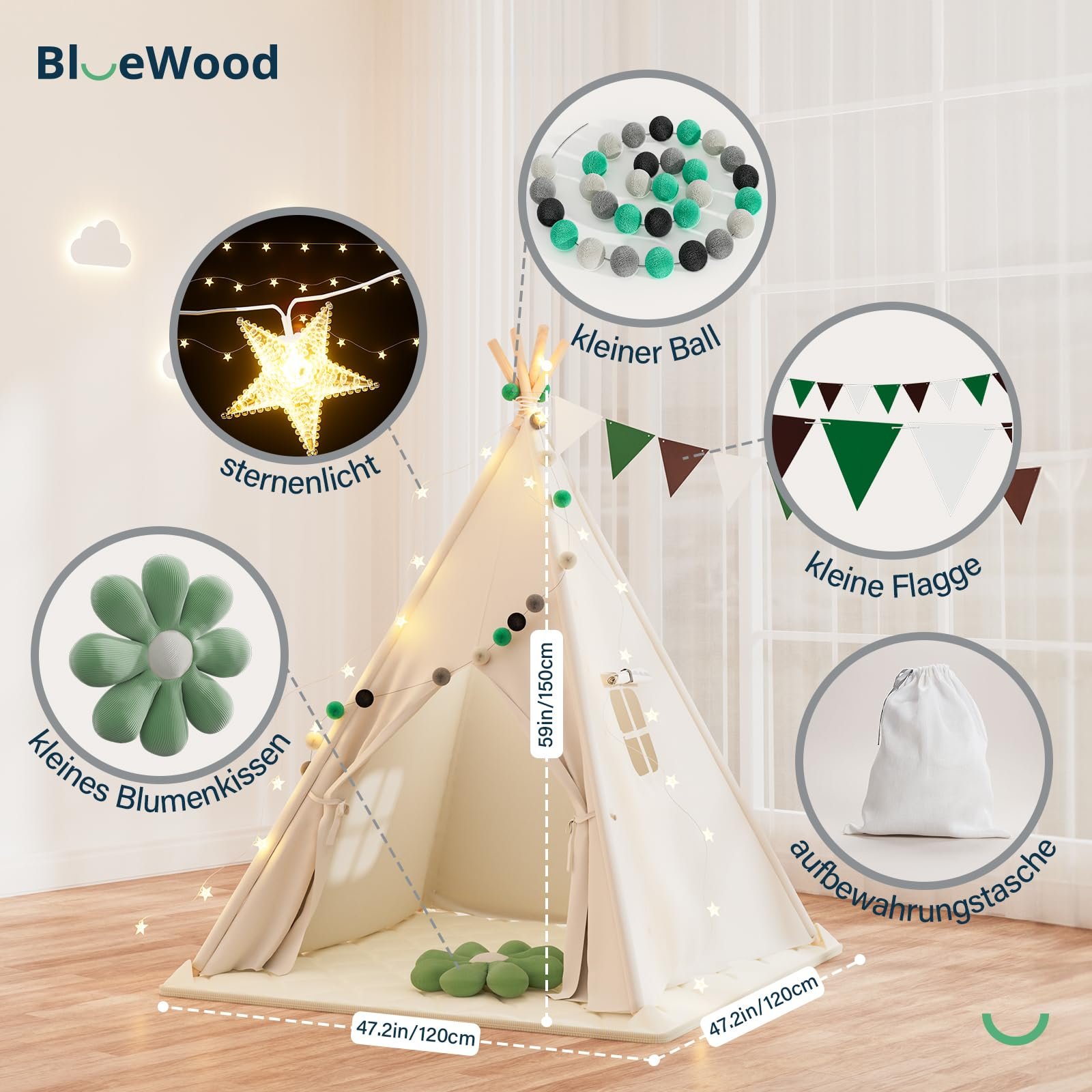 Намет-вігвам BlueWood для дітей Ігровий намет з м'якою ковдрою, гірляндами, сумкою для перенесення, полотняний дитячий намет - білий, фото №6