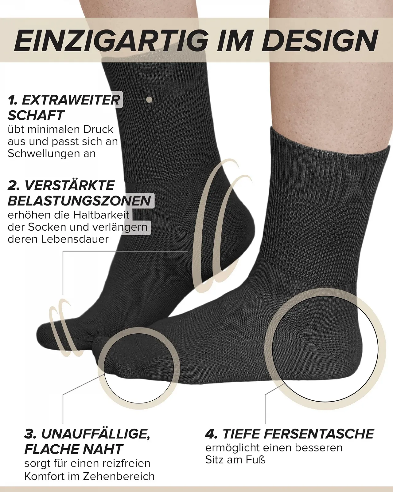 Диабетические носки vitsocks Женские Очень широкие без резинки (3 пары) Широкое голенище для отекших ног, хлопок, фото №6