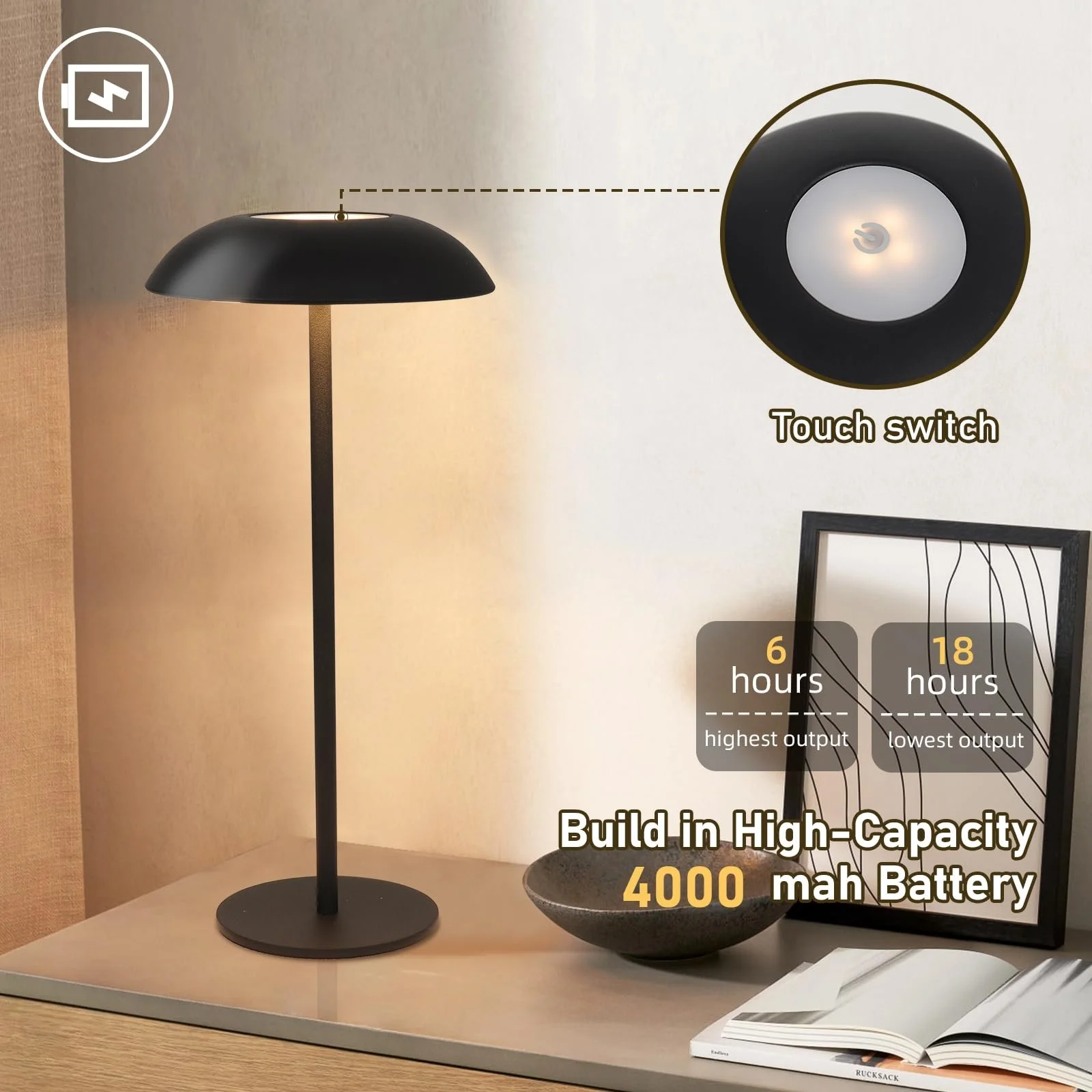 Настільна лампа LED Бездротова акумуляторна з димуванням USB Вулична 3000 K - 6000 K Металева, фото №2